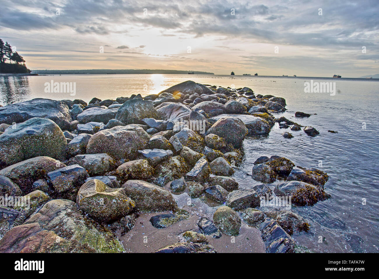 Rocks on the beach at sunset, looking into English Bay in Vancouver, British Columbia, Canada Stock Photo