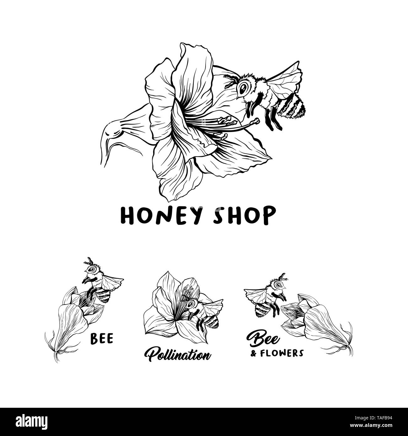Honey shop hand drawn logo vector illustration set. Bee and flowers ink lettering. Amaryllis sketch drawing. Pollination creative calligraphy. Packaging, sticker concept. Isolated design elements Stock Vector