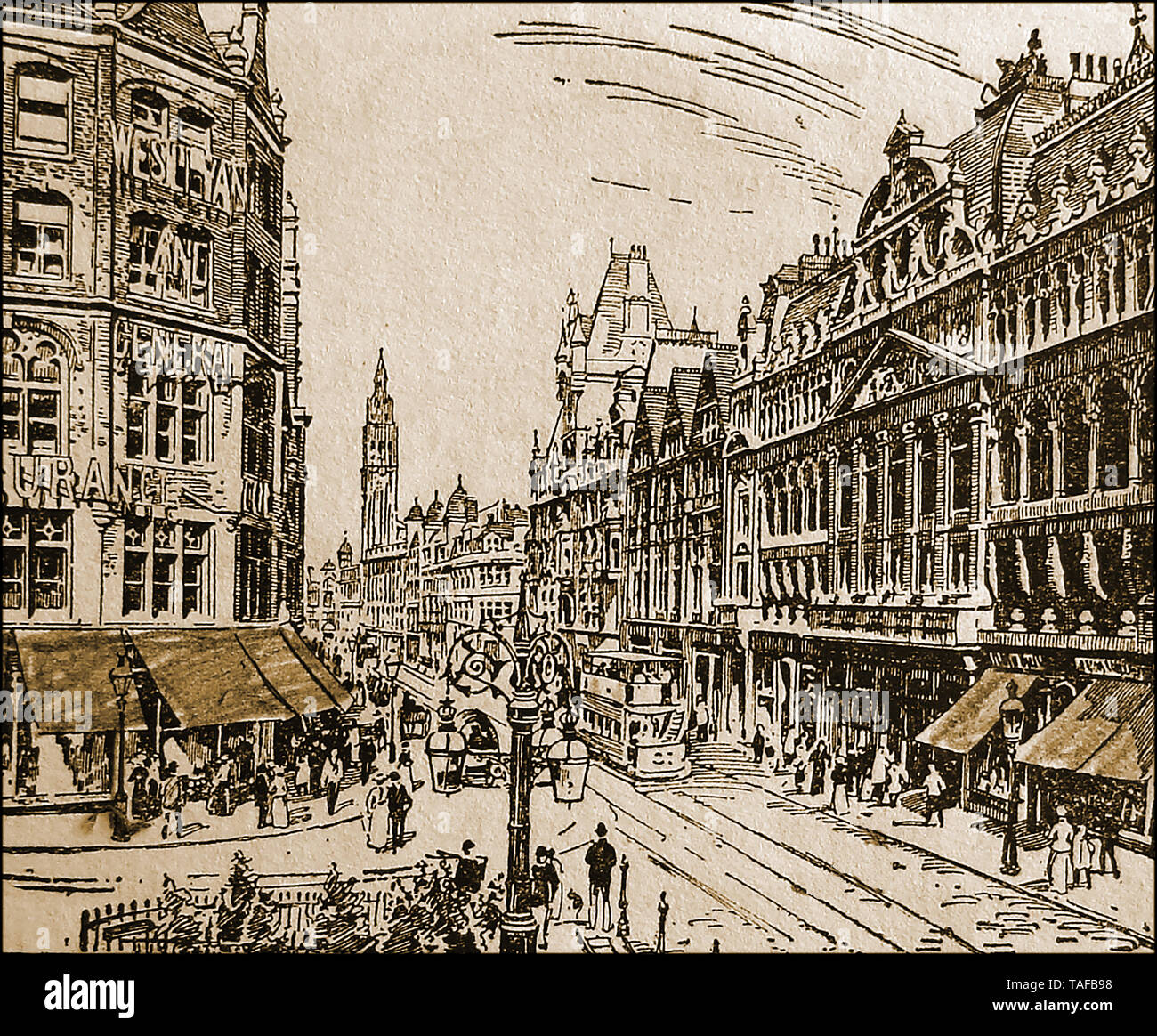 Vintage illustration of  a Birmingham (UK) street scene 1922 showing trams, shoppers & the Wesleyan and General Assurance cCompany building Stock Photo