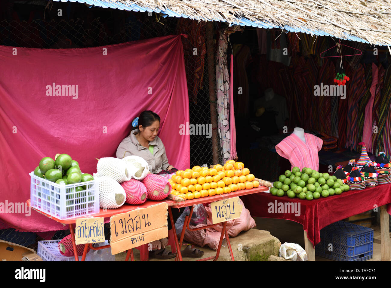 Hmong woman selling fruit at the mountain viewpoint of Mon Cham, Chiang Mai Province, Thailand Stock Photo