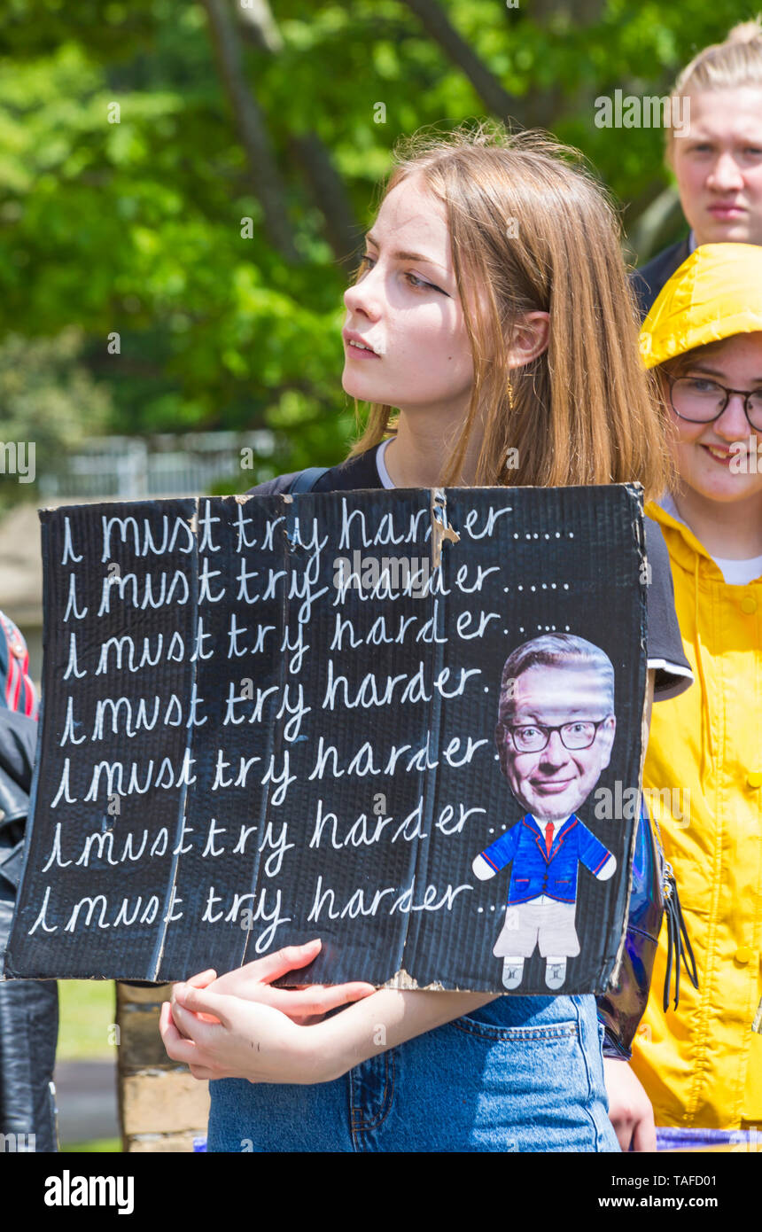 Bournemouth, Dorset, UK. 24th May 2019. Youth Strike 4 Climate gather in Bournemouth Square with their messages about climate change, before marching to the Town Hall.  I must try harder lines with Michael Gove sign. Credit: Carolyn Jenkins/Alamy Live News Stock Photo