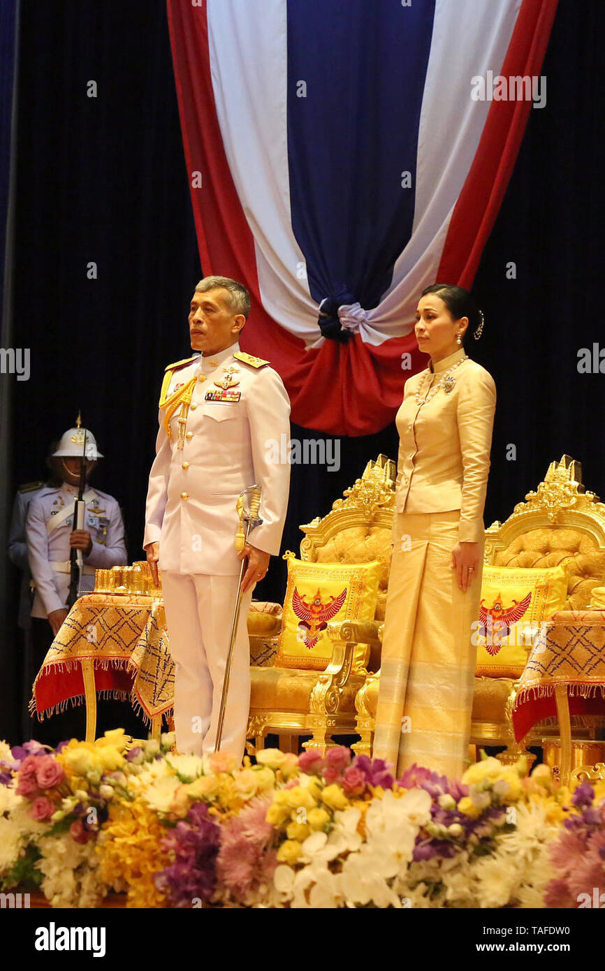 Bangkok, Thailand. 24th May, 2019. Thailand's Their Majesties the King Maha Vajiralongkorn (L) and Queen Suthida preside over the opening ceremony for parliament following the March 24 election at the Foreign Ministry in Bangkok, Thailand, May 24, 2019. A total of 498 MPs and 250 senators attended the opening ceremony for parliament alongside Prime Minister Prayut Chan-o-cha, members of his cabinet, members of the National Council for Peace and Order and heads of independent agencies. Credit: Thai Parliament House/Xinhua/Alamy Live News Stock Photo