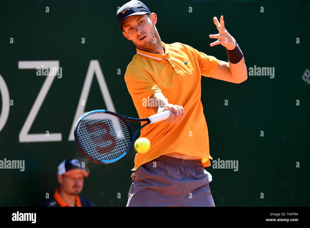 Geneva, Switzerland. 24th May, 2019. Nicolas Jarry of Chile competes during  the men's semi-final against Radu Albot of Moldova at the Geneva Open ATP  250 Tennis tournament in Geneva, Switzerland, May 24,