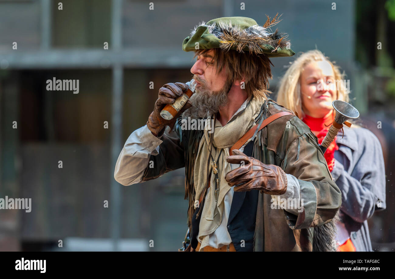 Rathen, Germany. 24th May, 2019. Grian Duesberg as Sam Hawkins plays during the main dress rehearsal of 'Winnetou I' on the Felsenbühne Rathen in a production of the Landesbühnen Sachsen. The play after Karl May will be on the programme of the open air stage in Saxon Switzerland from 25 May. Credit: Matthias Rietschel/dpa-Zentralbild/dpa/Alamy Live News Stock Photo