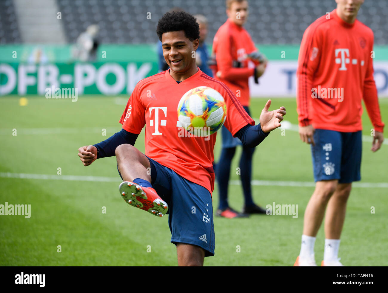 Berlin, Germany. 24th May, 2019. Bayern Munich's Serge Gnabry attends a training session for the upcoming German Cup final match between RB Leipzig and FC Bayern Munich in Berlin, capital of Germany, on May 24, 2019. Credit: Kevin Voigt/Xinhua/Alamy Live News Stock Photo