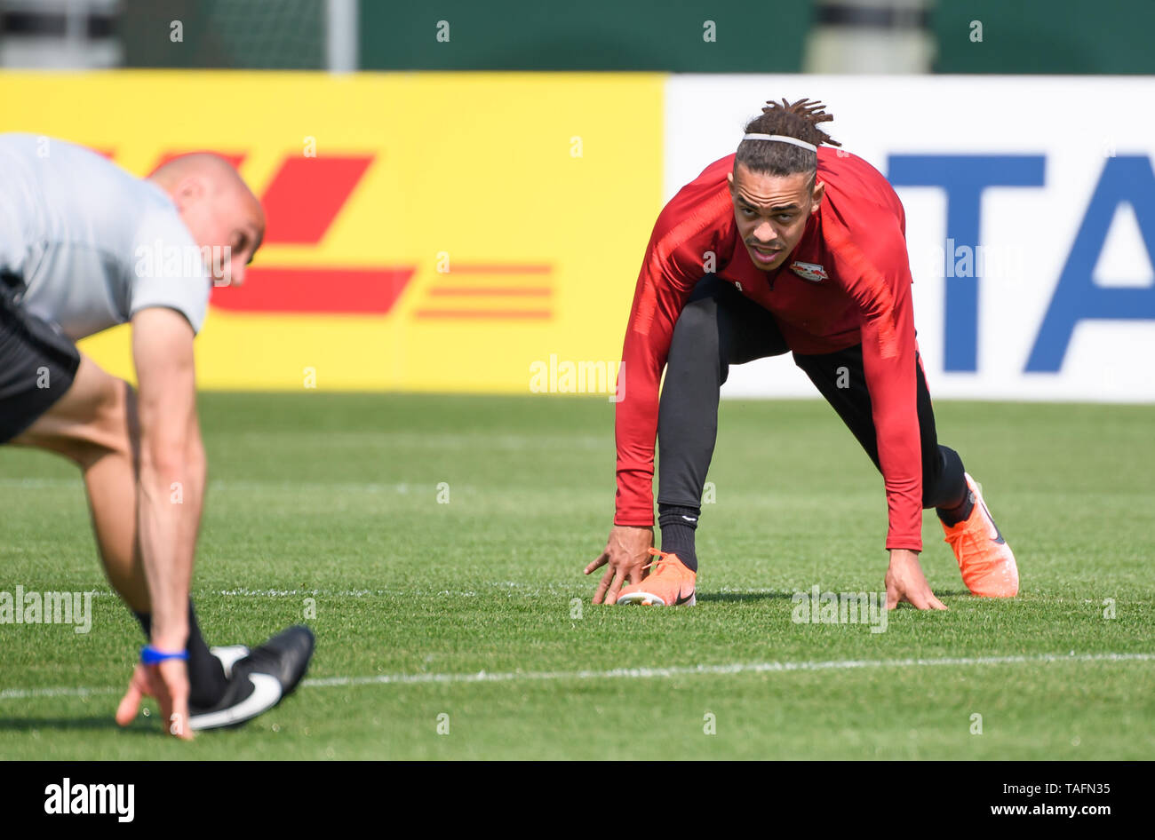 Berlin, Germany. 24th May, 2019. Leipzig's Yussuf Poulsen (R) attends a training session for the upcoming German Cup final match between RB Leipzig and FC Bayern Munich in Leipzig, Germany, on May 24, 2019. Credit: Kevin Voigt/Xinhua/Alamy Live News Stock Photo