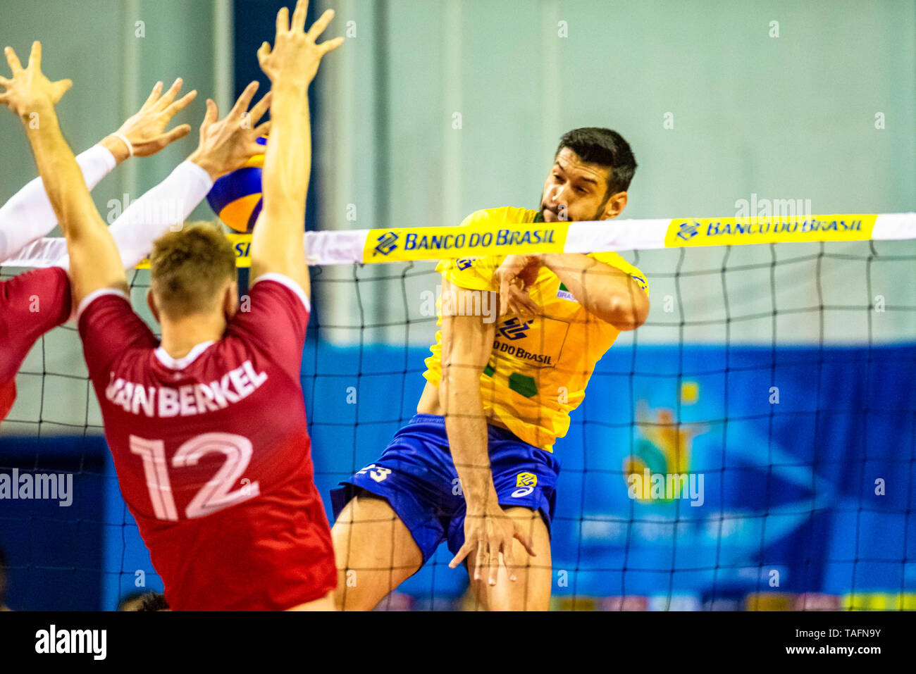 CAMPINAS, SP - 24.05.2019: AMISTOSO INTERNACIONAL BRASIL X CANADÁ - Flávio  (Brazil) in an international men's volleyball match between Brazil and  Canada, held at the Taquaral Gymnasium in Campinas, Sãulo, this Friday (