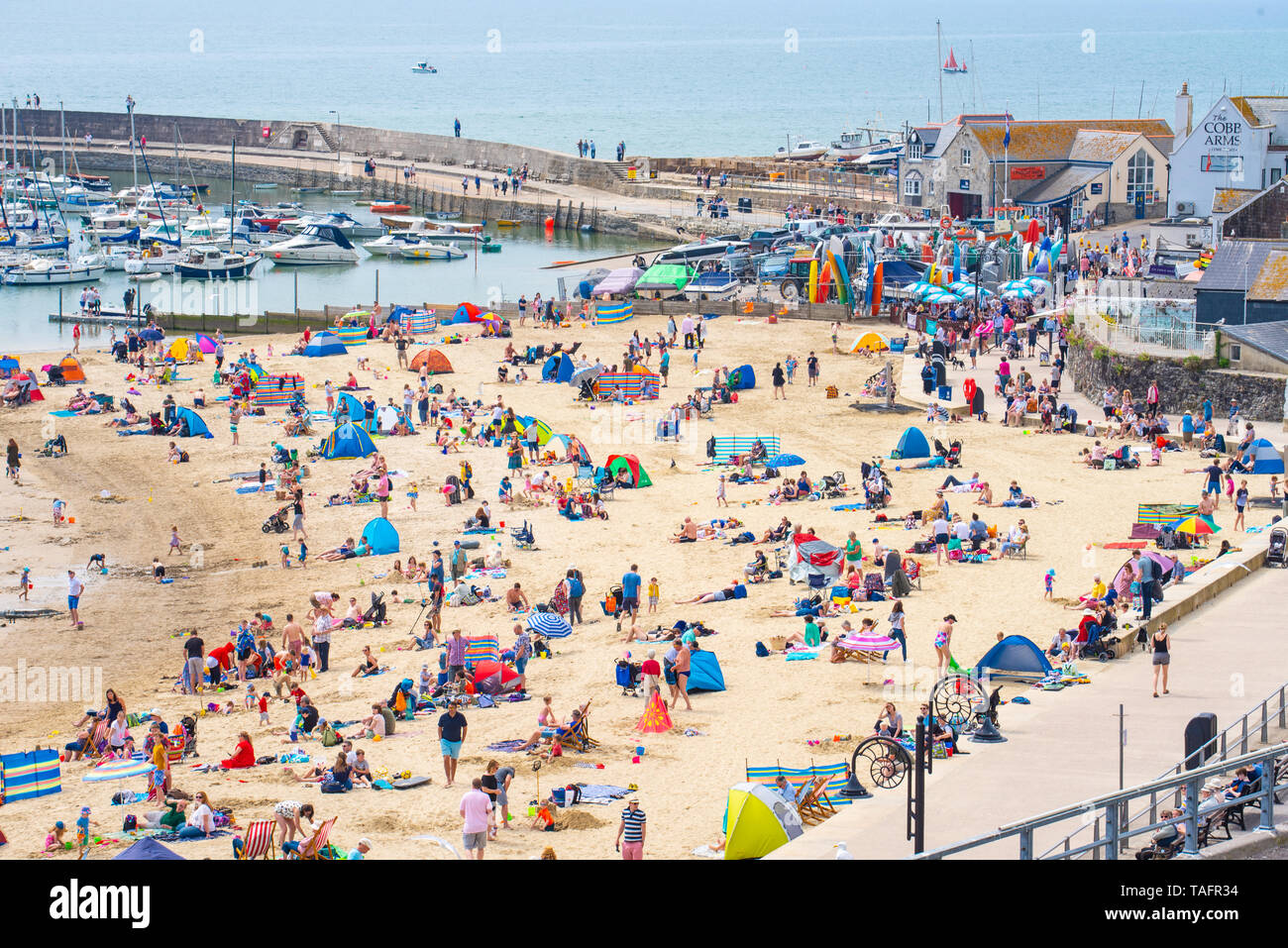 Lyme Regis, Dorset, UK. 25th May 2019. UK Weather: Crowds of holidaymakers and visitors flock to the beach at Lyme Regis to  bask in hot sunshine as the coastal resort sizzles on the hottest day of the year so far. Saturday is set to be the sunniest day of the late May bank holiday weekend.  Credit: Celia McMahon/Alamy Live News. Credit: Celia McMahon/Alamy Live News Stock Photo