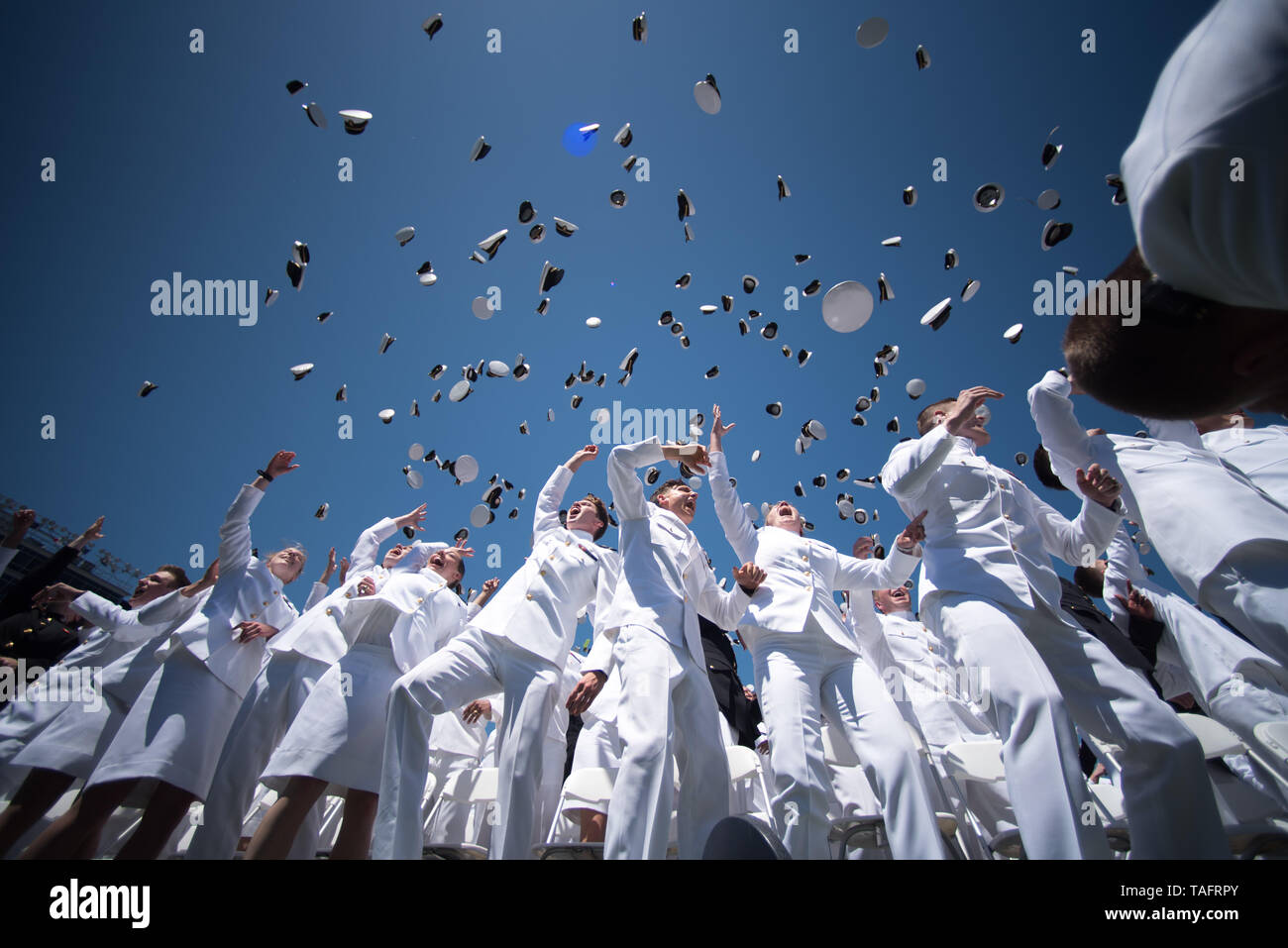 Annapolis, United States Of America. 24th May, 2019. U.S Naval Academy graduates toss their hats into the air following the 2019 graduation and commissioning ceremony in the Navy-Marine Corps Memorial Stadium May 24, 2019 in Annapolis, Maryland. Credit: Planetpix/Alamy Live News Stock Photo