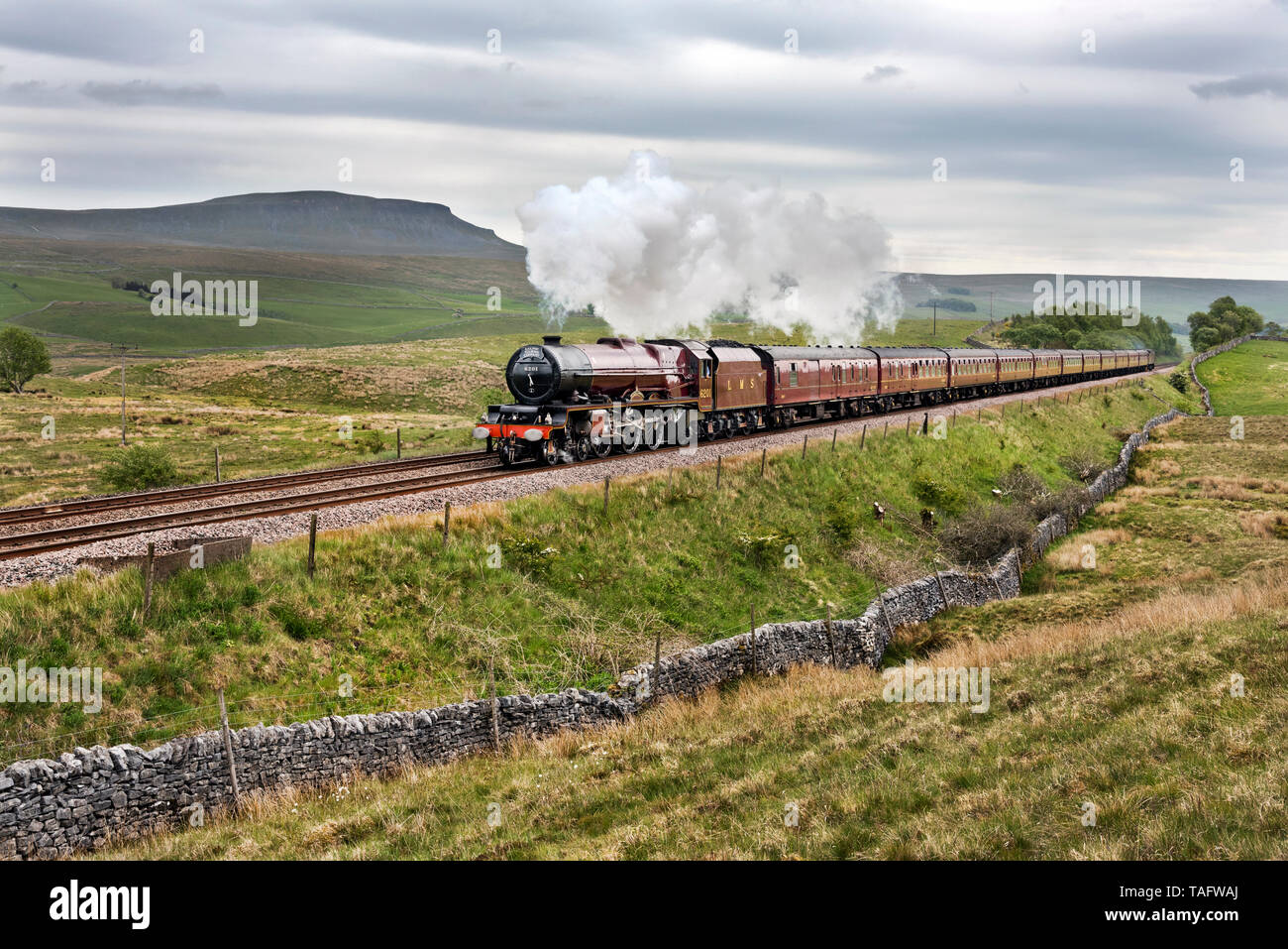 Recently restored steam locomotive Princess Elizabeth hauls 'The Pennine Limited' special over the Settle-Carlisle railway near Horton-in-Ribblesdale in the Yorkshire Dales National Park, UK. The special train ran from Norwich to Carlisle and return, with steam haulage over the section between Hellifield and Carlisle. Pen-y-ghent, one of the Yorkshire Three Peaks is seen in the background. Stock Photo