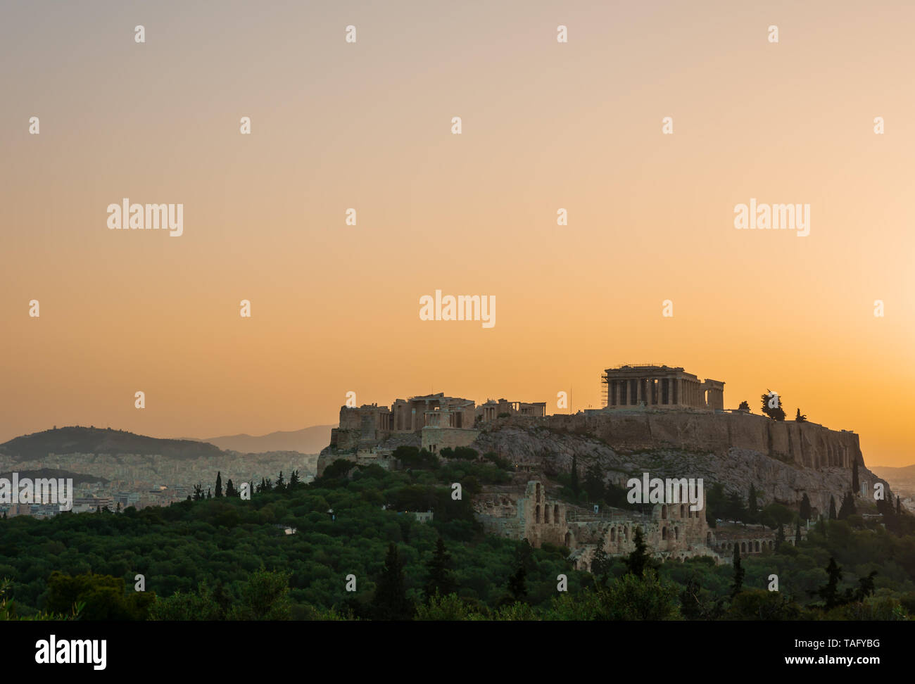 Acropolis of Athens with the Parthenon temple during the sunrise, Athens, Greece Stock Photo