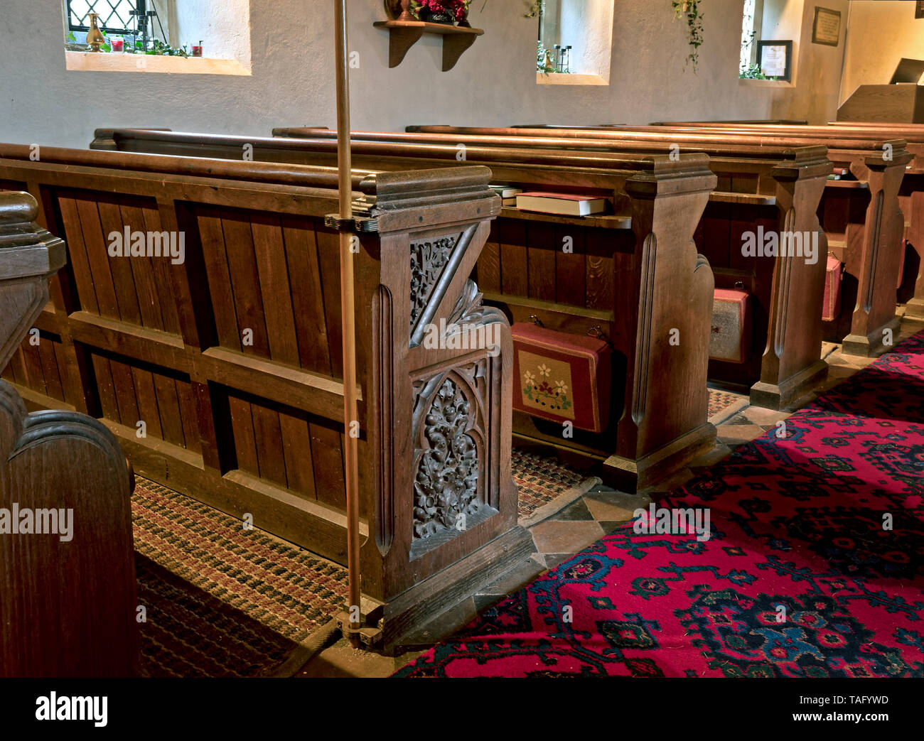 Detail of the pews of the church in Tubney, Oxfordshire, UK Stock Photo