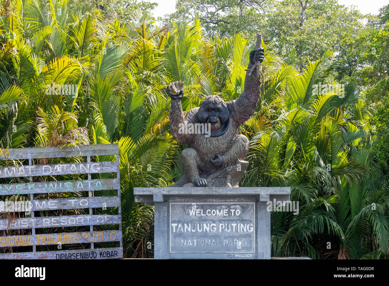 Tanjung Puting National Park, Sekonyer river, Sekonyer village, entrance of the National Park with an orang utan statue, Borneo, Indonesia Stock Photo