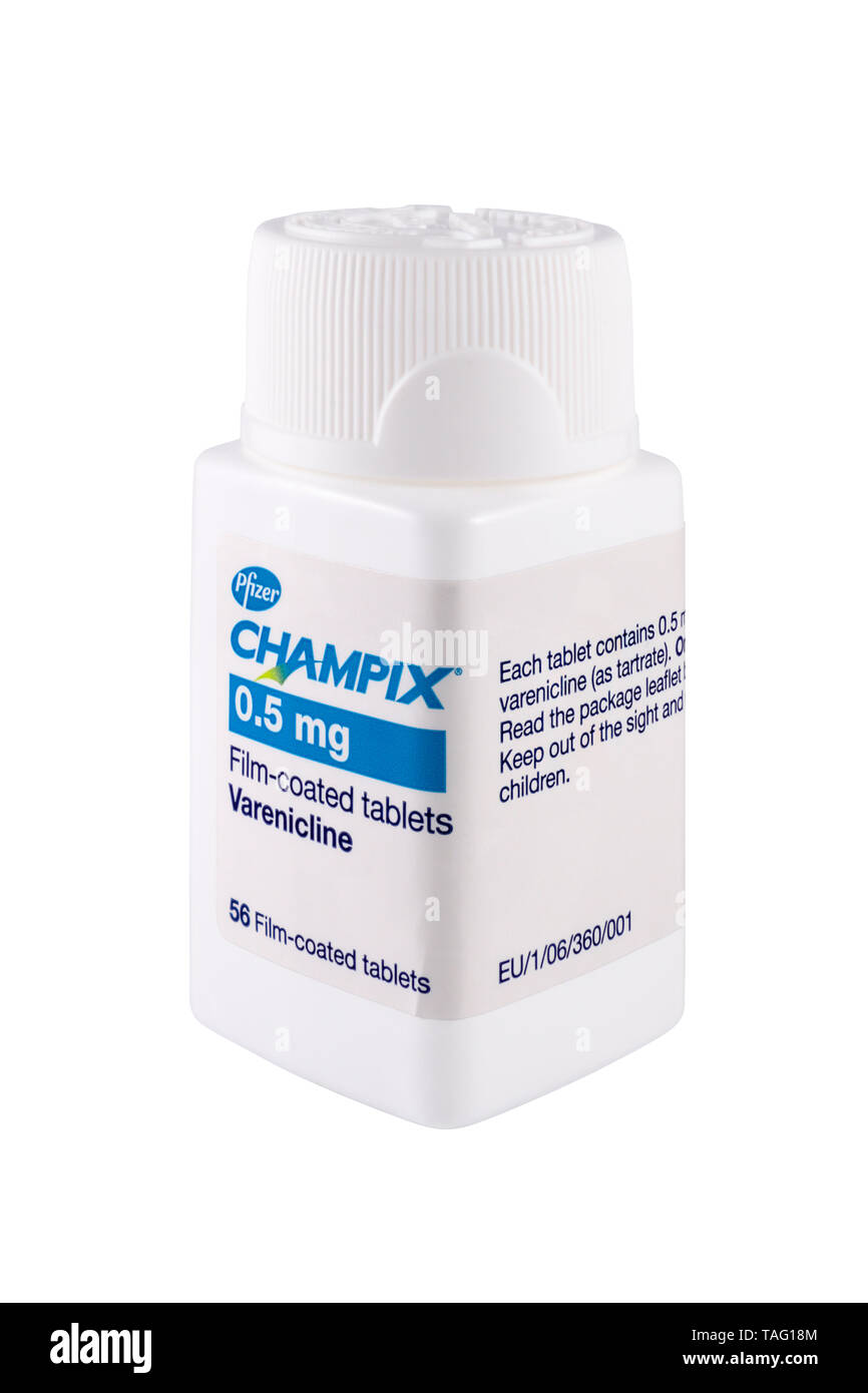A Tub of 0.5mg Champix Tablets for the relief of nicotine withdrawal symptoms or cravings associated with stopping smoking isolated on a white backgro Stock Photo