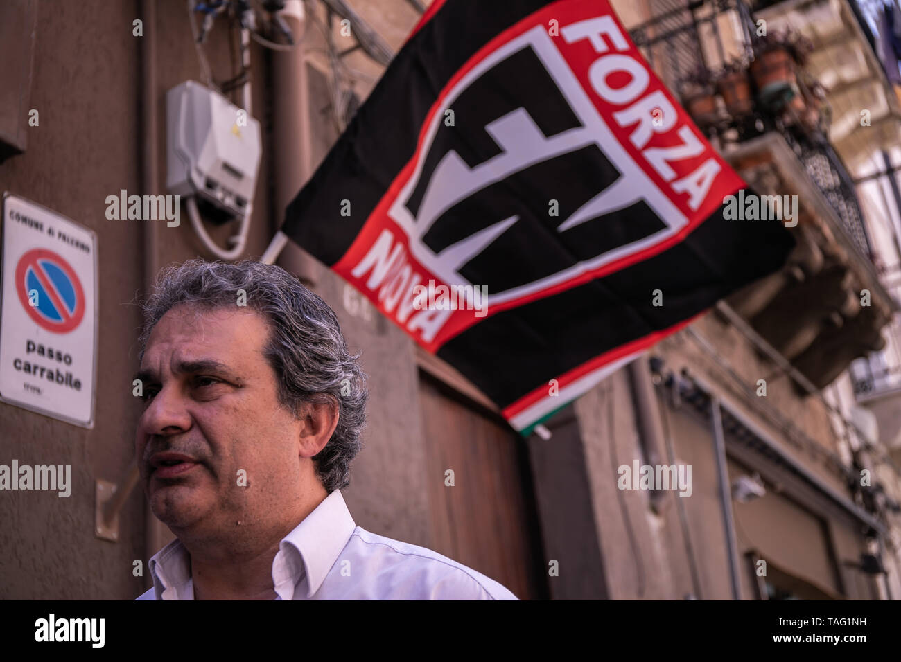 Palermo, Italy. 24th May, 2019. Roberto Fiore, leader of Forza Nuova, in Palermo. Credit: Antonio Melita/Pacific Press/Alamy Live News Stock Photo