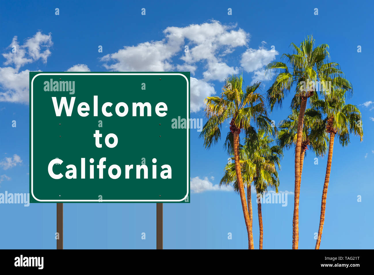 Welcome to California road sign with palm trees Stock Photo