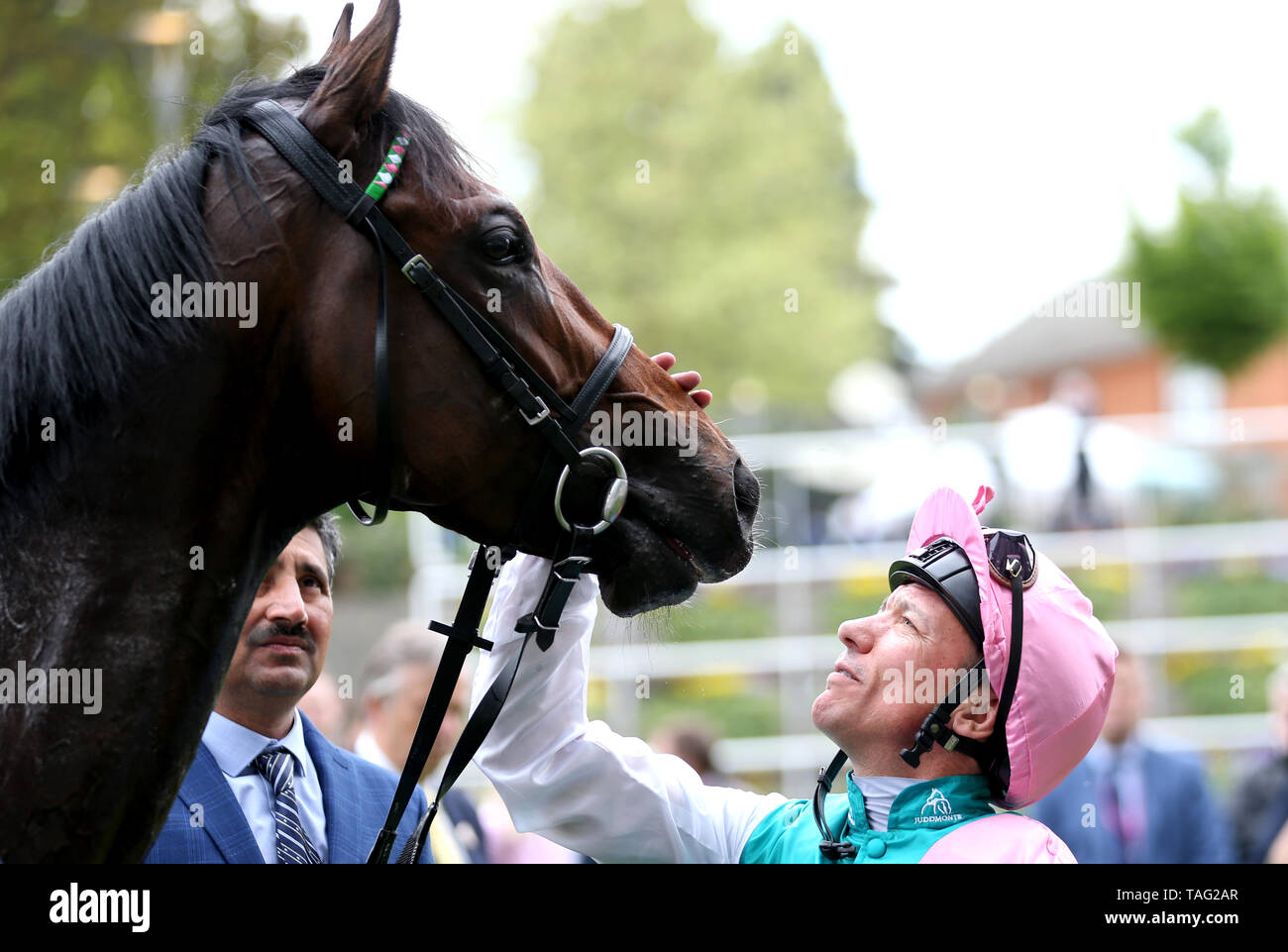 Jockey Frankie Dettori after winning the Merriebelle Stable Commonwealth Cup Trial Stakes on Calyx in the winners parade during Royal Ascot Trials Day at Ascot Racecourse Stock Photo