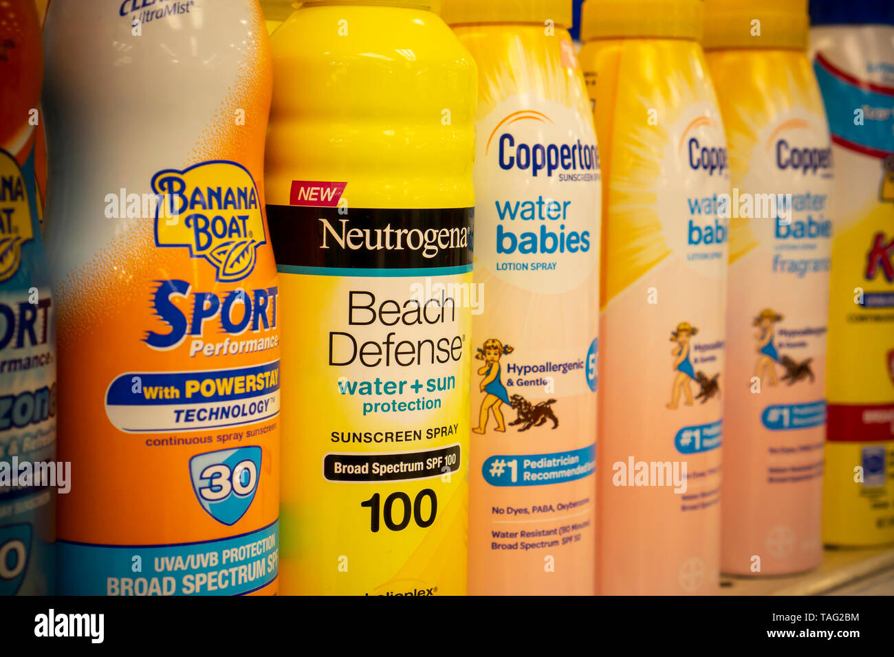 Bottles of sunscreen are seen on a department store shelf in New York on Saturday, May 18, 2019. The unofficial beginning of summer arrives on the Memorial Day weekend at the end of May. (Â© Richard B. Levine) Stock Photo