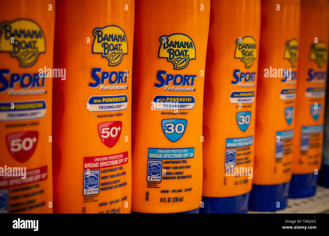 Bottles of Banana Boat brand sunscreen are seen on a department store shelf in New York on Saturday, May 18, 2019. The unofficial beginning of summer arrives on the Memorial Day weekend at the end of May. (© Richard B. Levine) Stock Photo