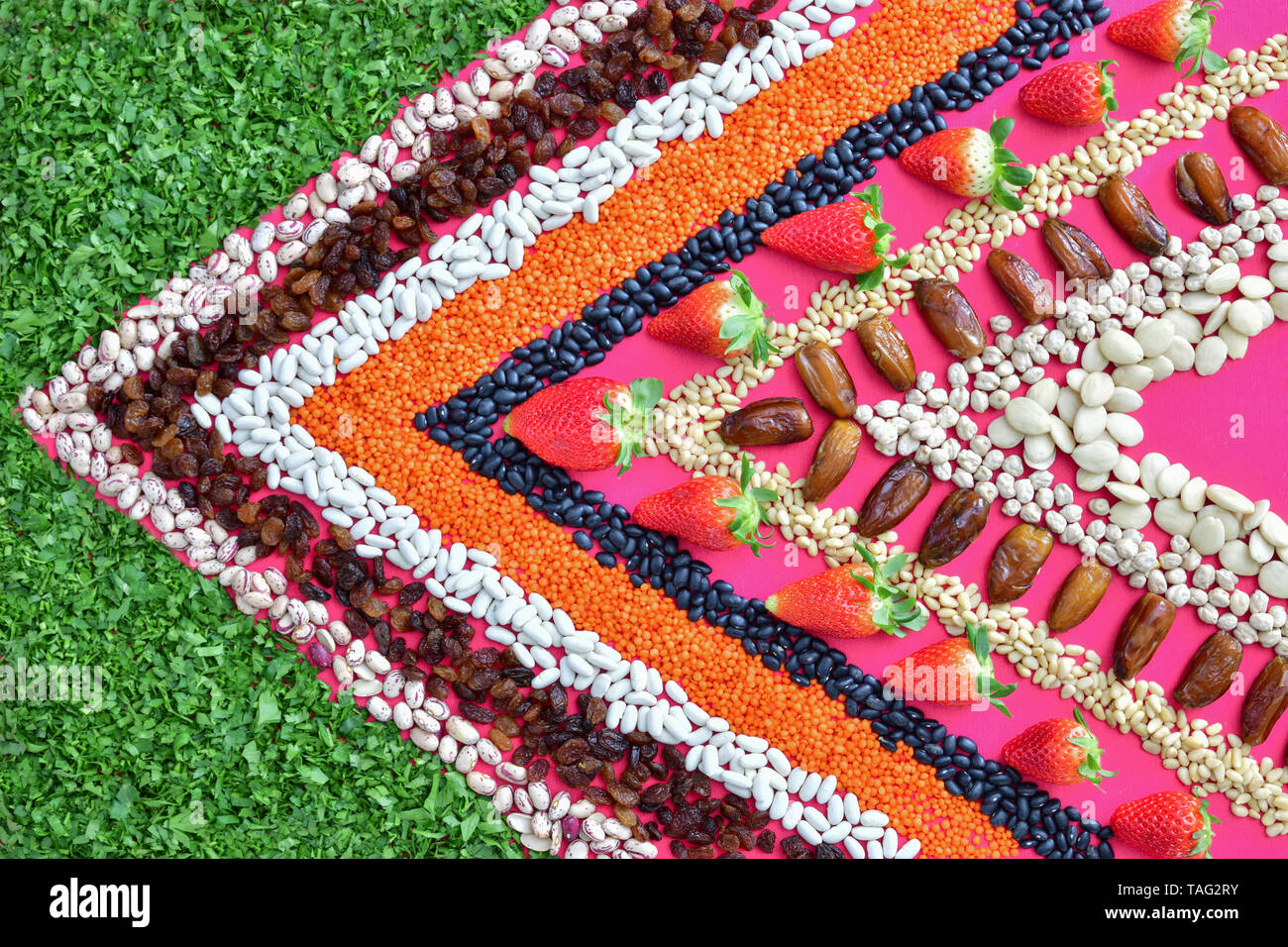 The geometric pattern of rice, soy beans, black beans, garbanzos and ...
