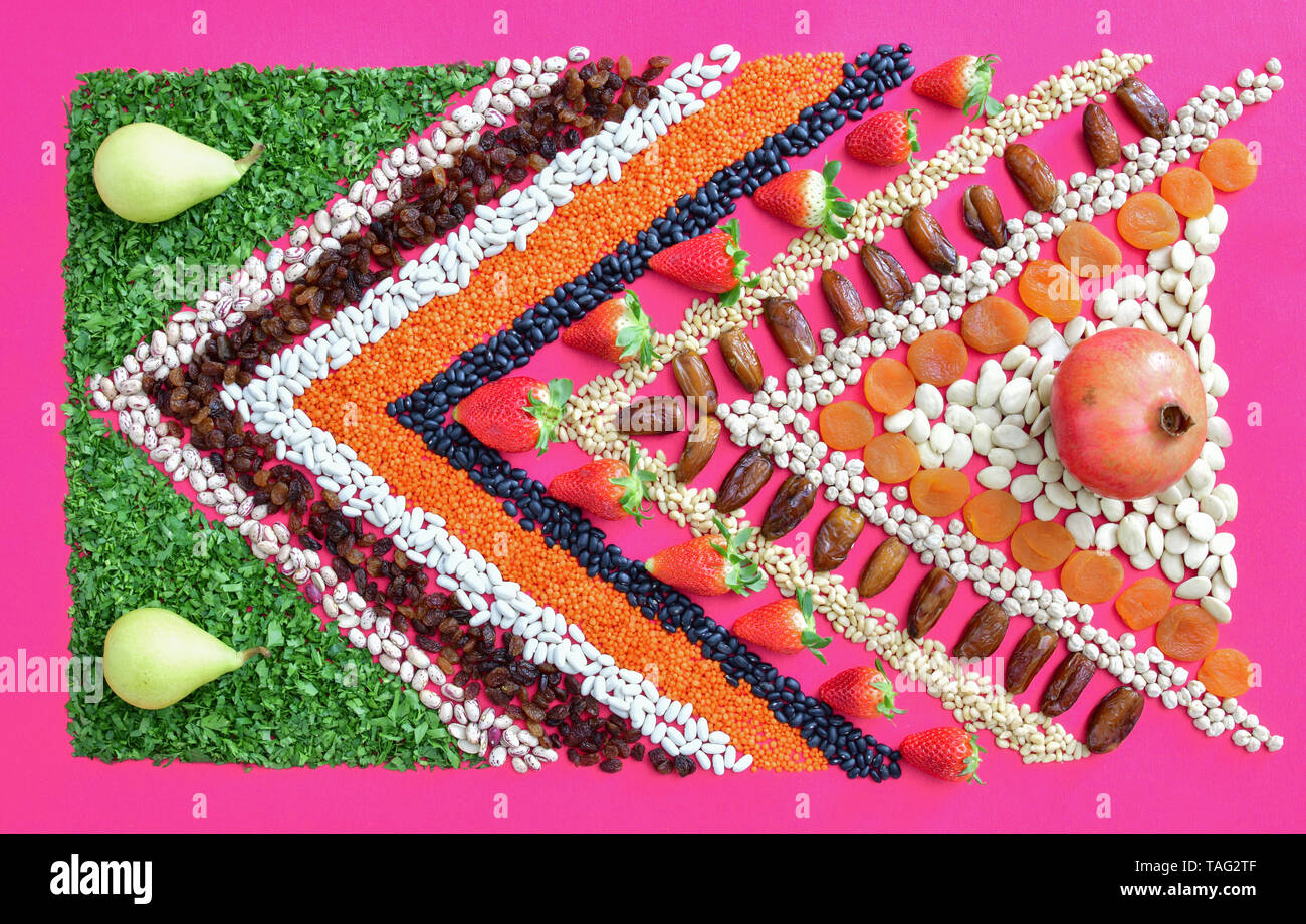 The geometric pattern of rice, soy beans, black beans, garbanzos and ...
