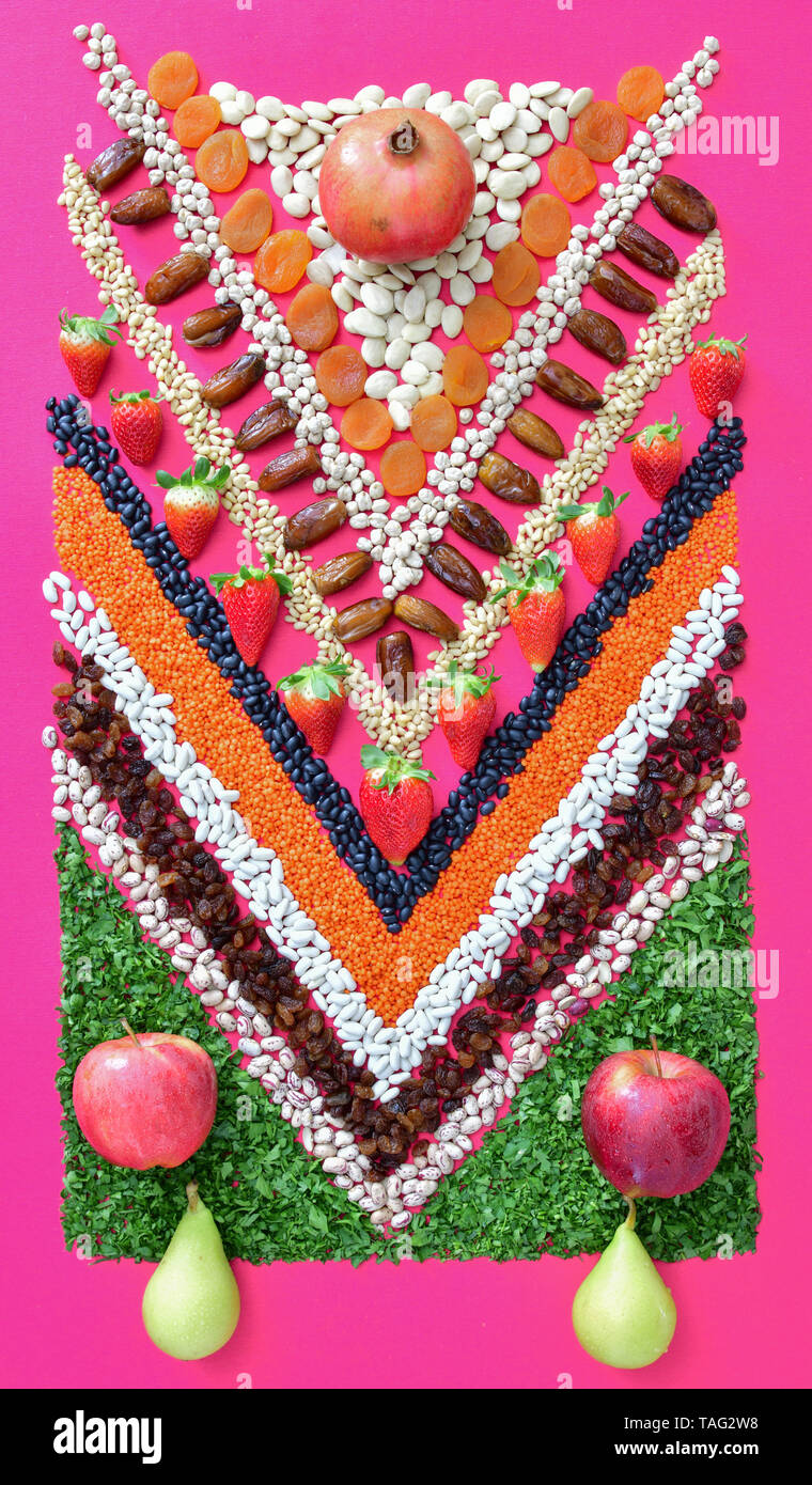 The geometric pattern of rice, soy beans, black beans, garbanzos and ...