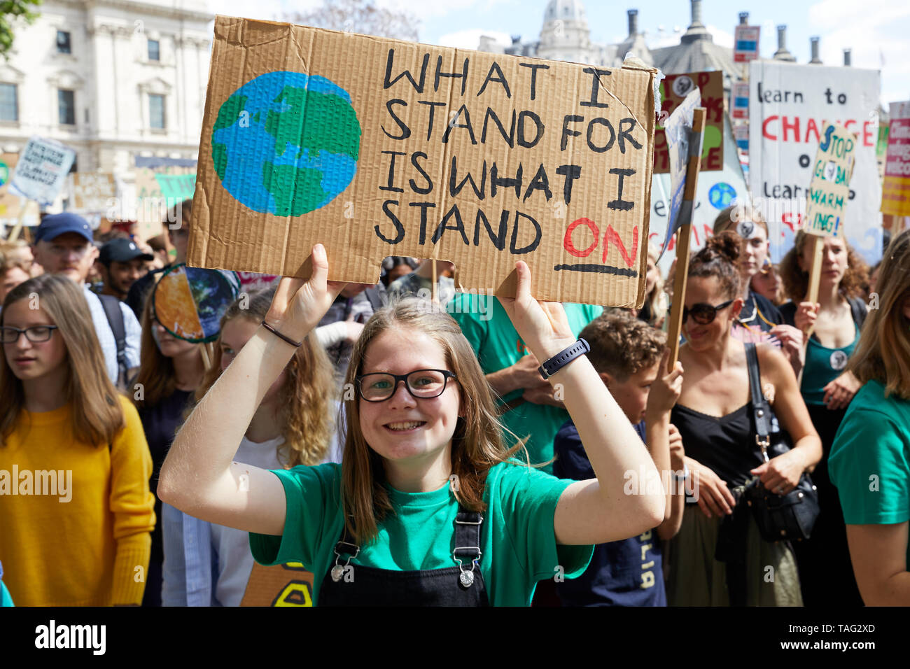 London, U.K. - 24 May, 2019: A placard held by a young demonstrator, campaigning against global warming as part of the Youth Strike 4 Climate movement. Stock Photo