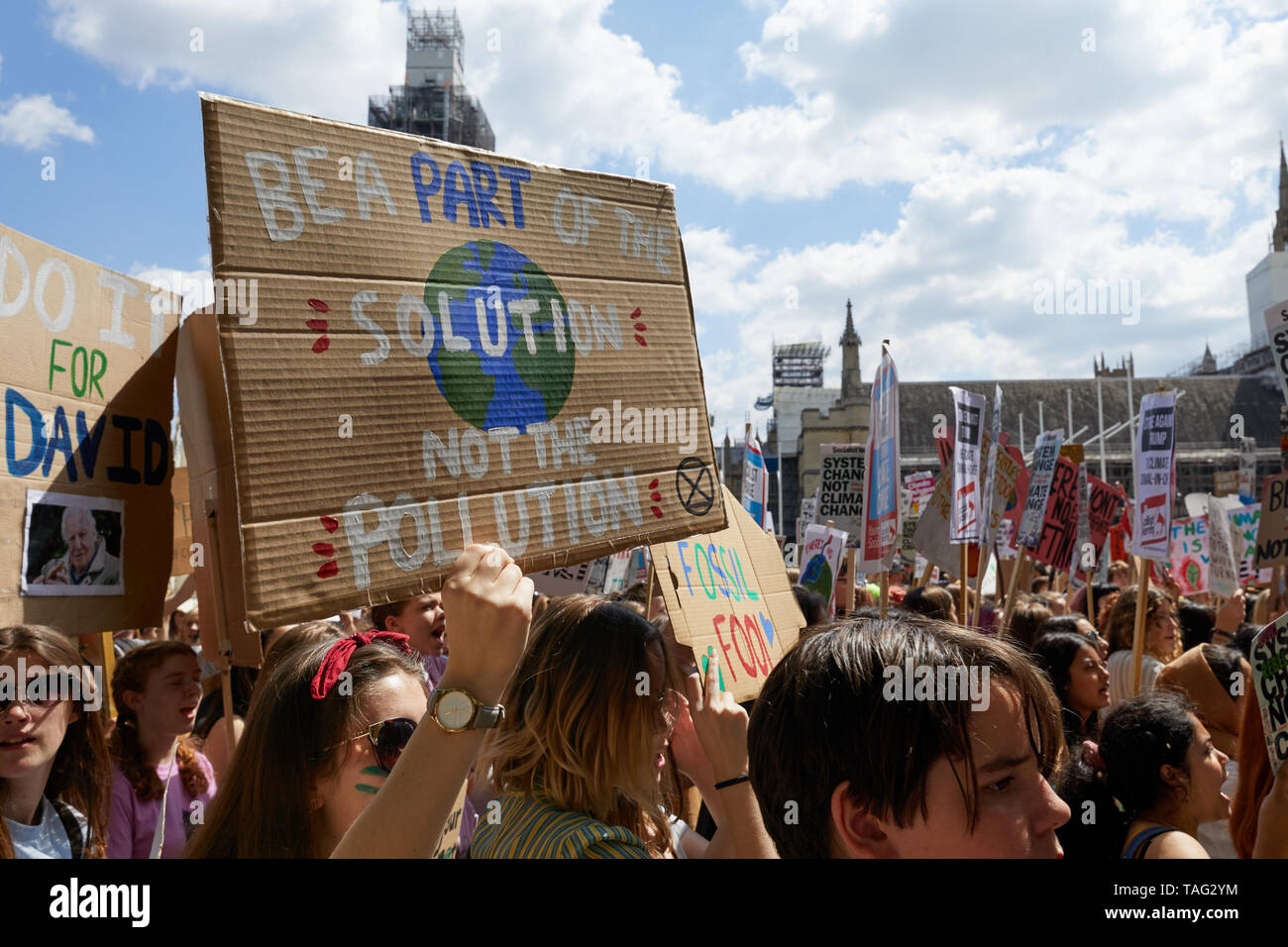 London, U.K. - 24 May, 2019: A placard held by a young demonstrator, campaigning against global warming as part of the Youth Strike 4 Climate movement. Stock Photo