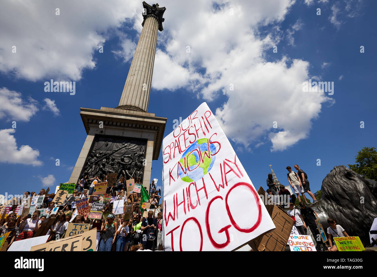 London, U.K. - 24 May, 2019: Young people demonstrate through central London against global warming, part of the Youth Strike 4 Climate movement. Stock Photo