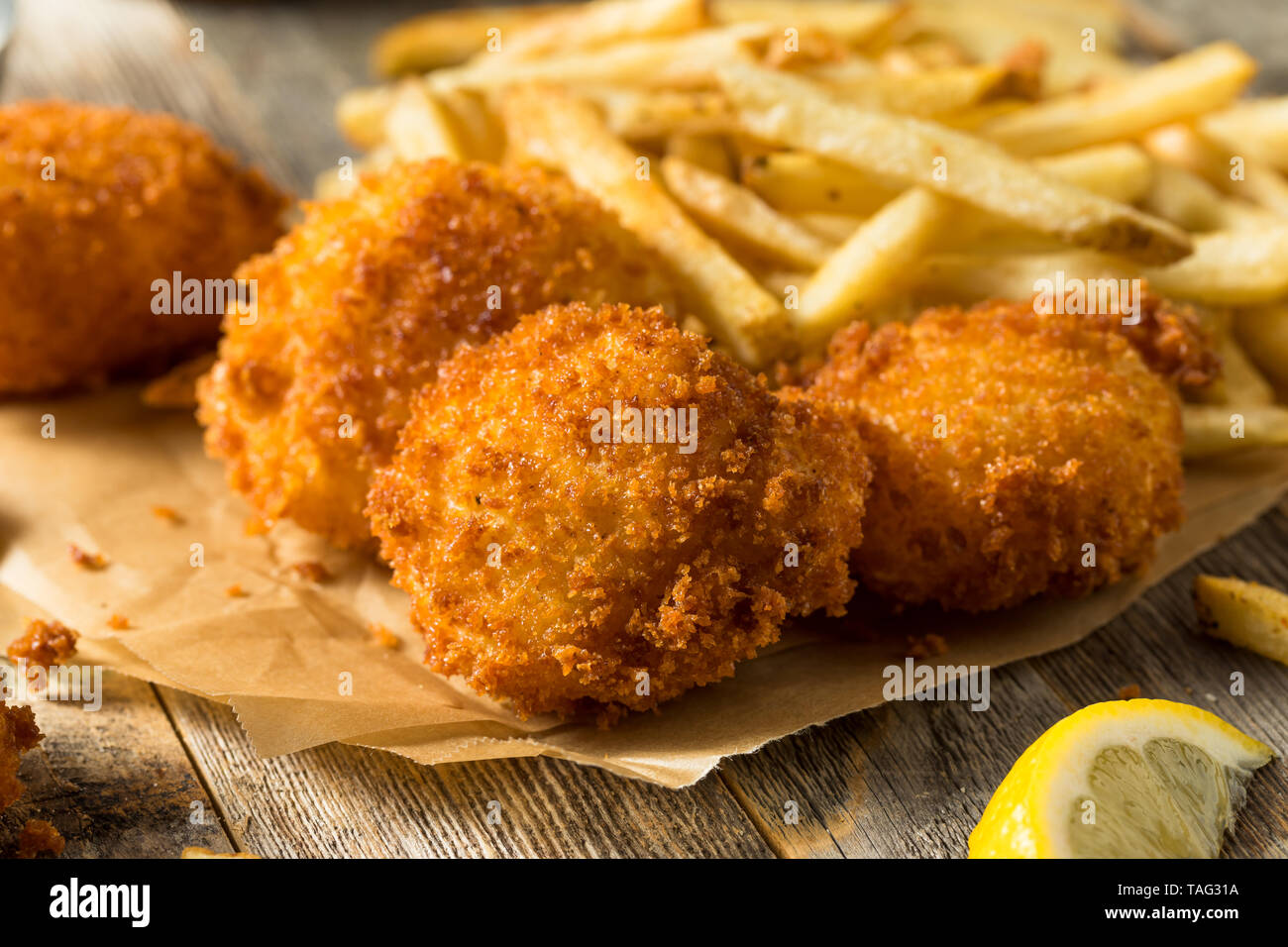 Homemade Deep Fried Scallops with French Fries Stock Photo Alamy