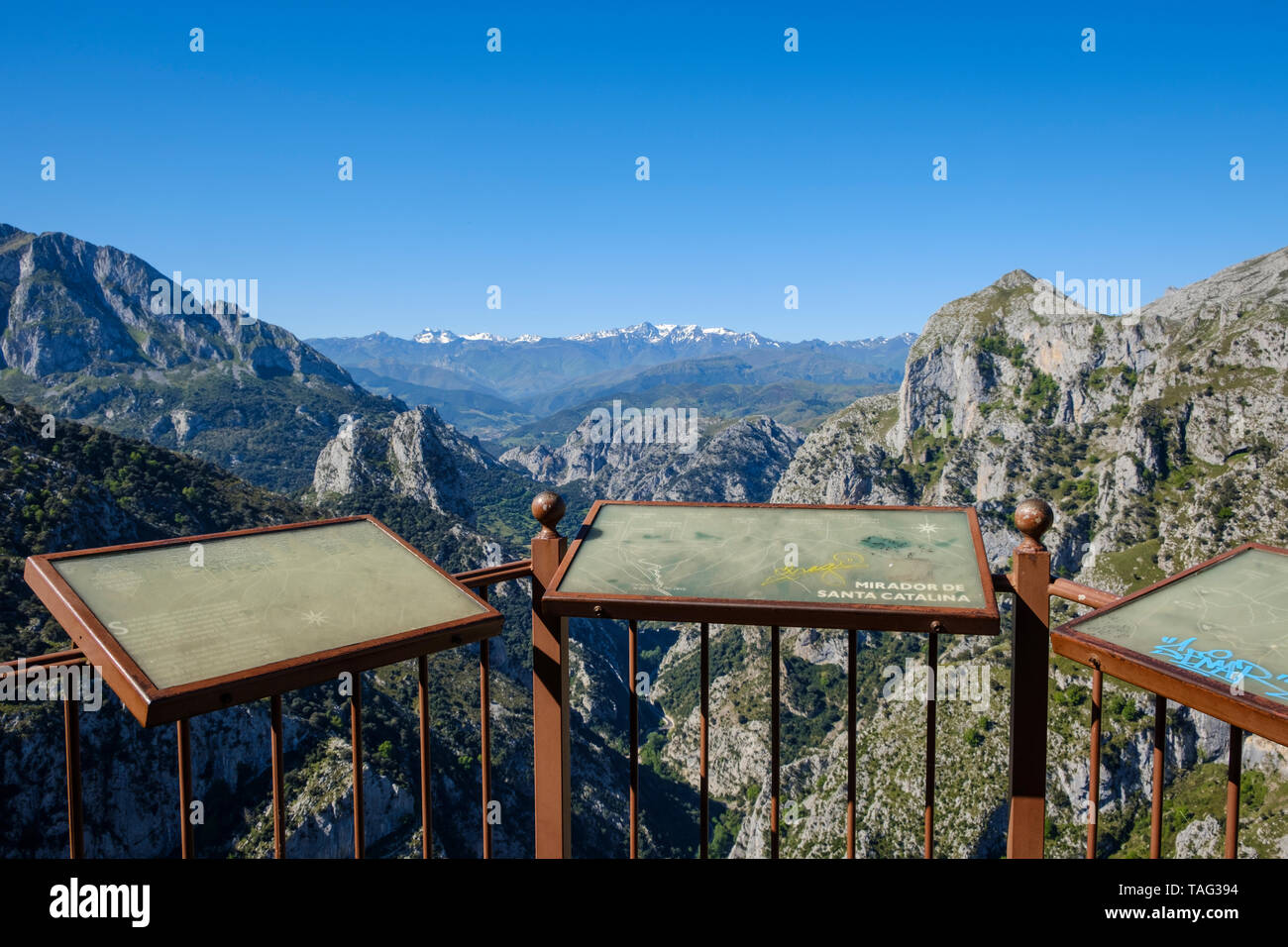 Information panels in the Santa Catalina Lookout over La Hermida Gorge in Cantabria, Spain Stock Photo