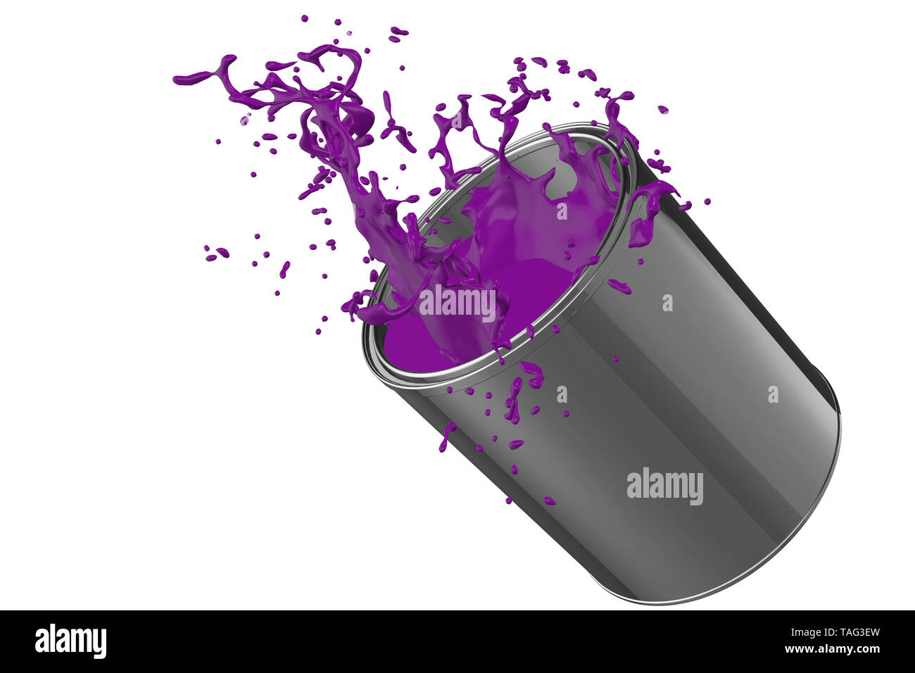 3D Render of a dropped paint can spilling Purple paint Stock Photo