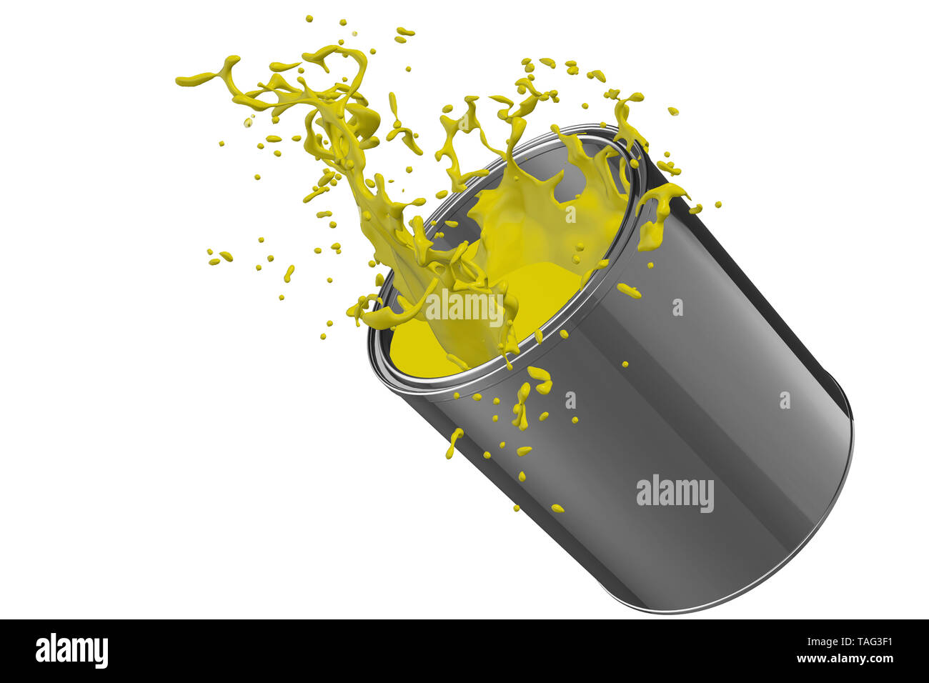 3D Render of a dropped paint can spilling Yellow paint Stock Photo
