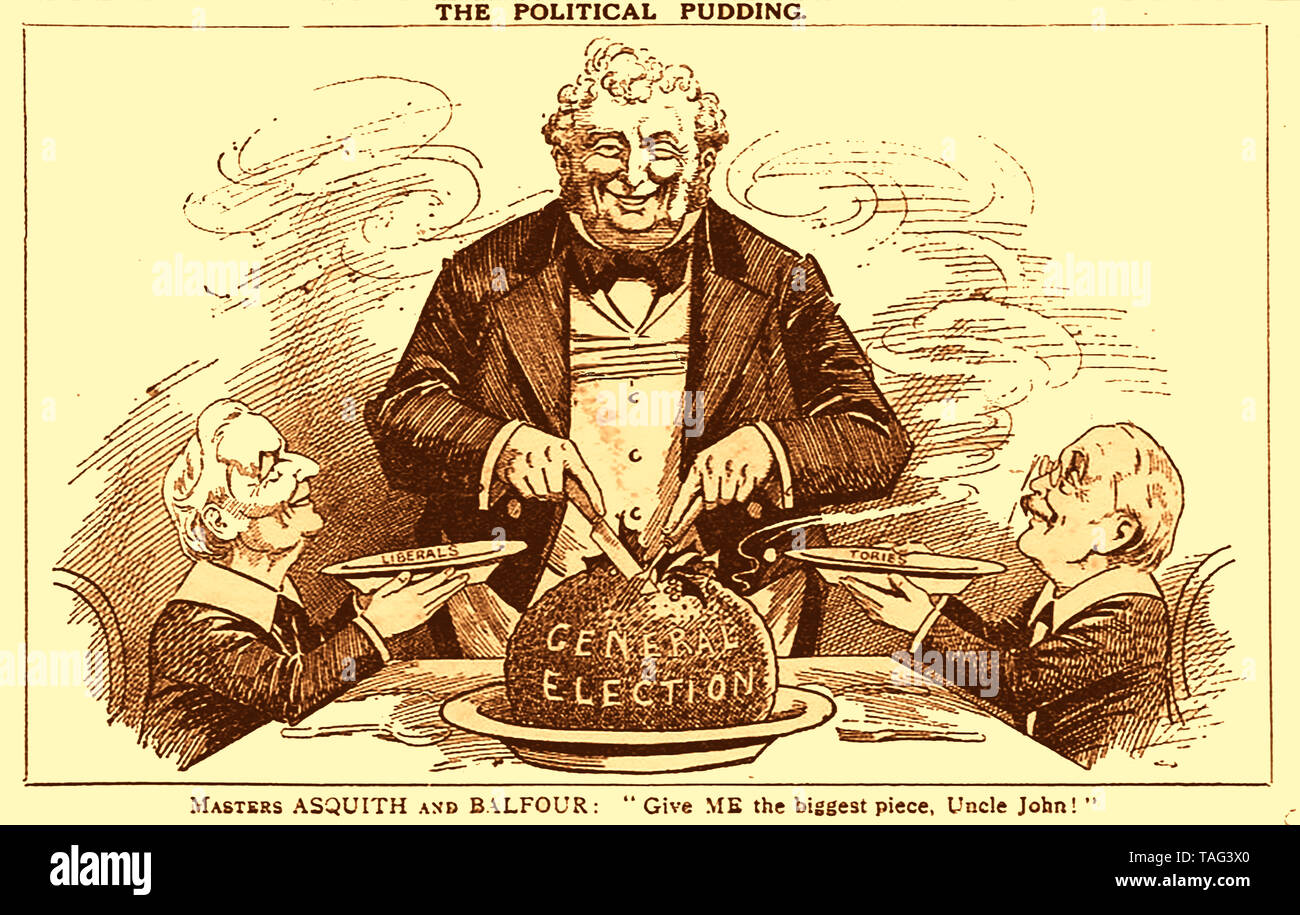 1910 General Election -  British political cartoon - Asquith and Balfour asking John Bull for a bigger slice of the General election votes (Liberals & Tories) Stock Photo