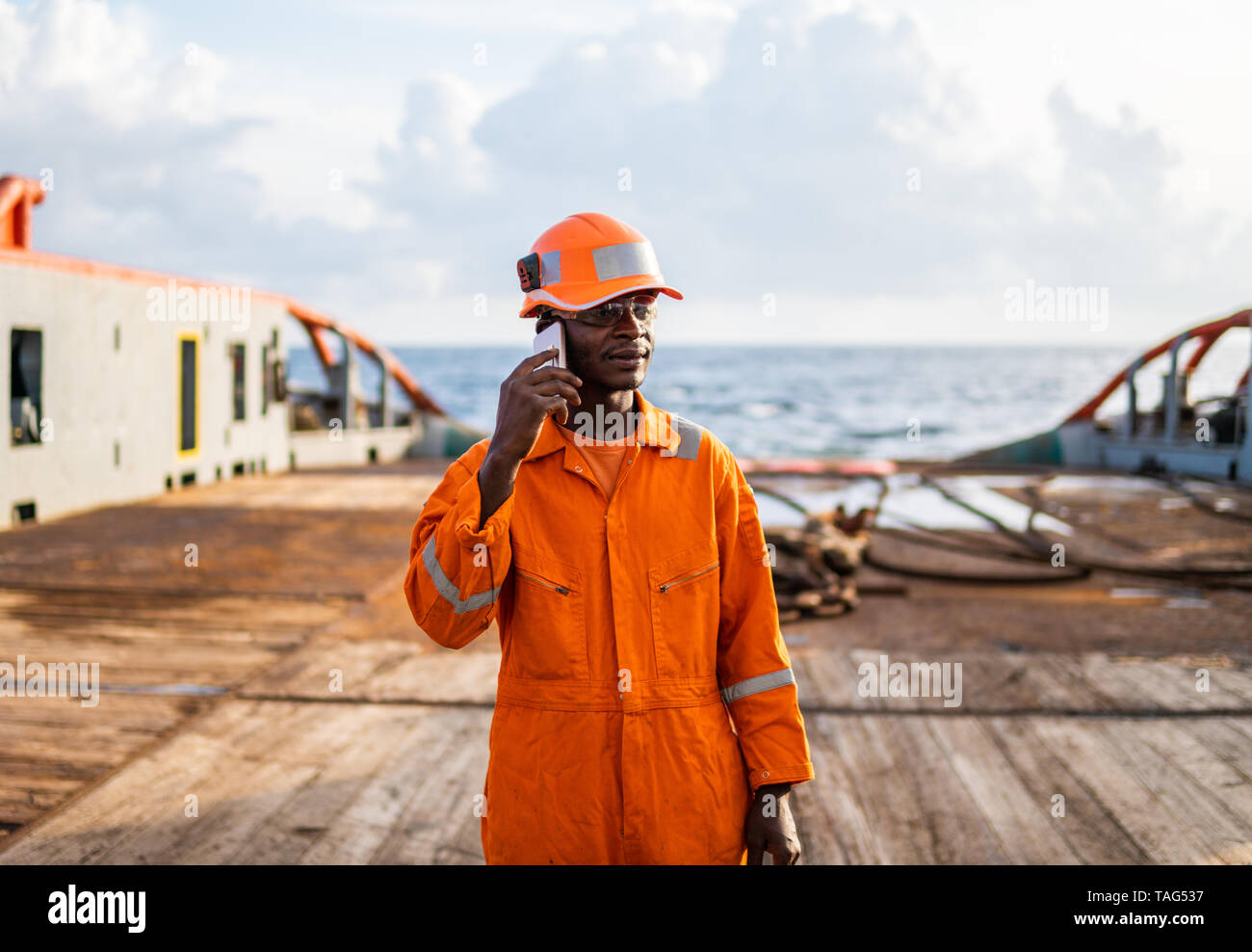 Marine seaman or bosun on deck of vessel or ship Stock Photo