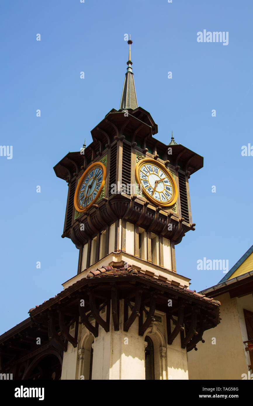 Historic art nouveau clocktower of pump house in Evian-les-Bains Stock Photo