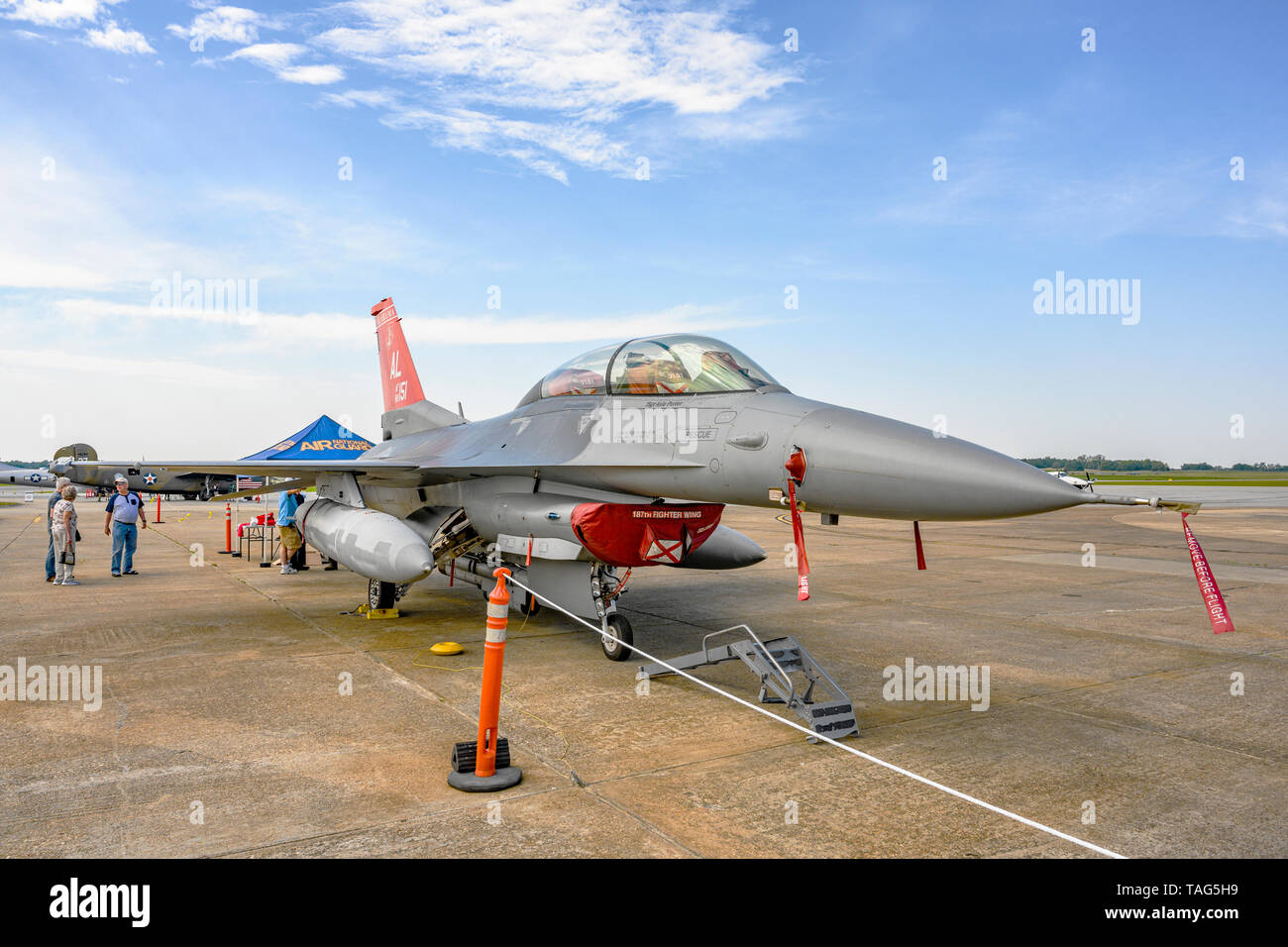 187th Fighter Wing of the Alabama Air National Guard, Tuskegee Airmen, red tail squadron and their McDonald Douglas F-16 Fighting Falcon fighter jet. Stock Photo