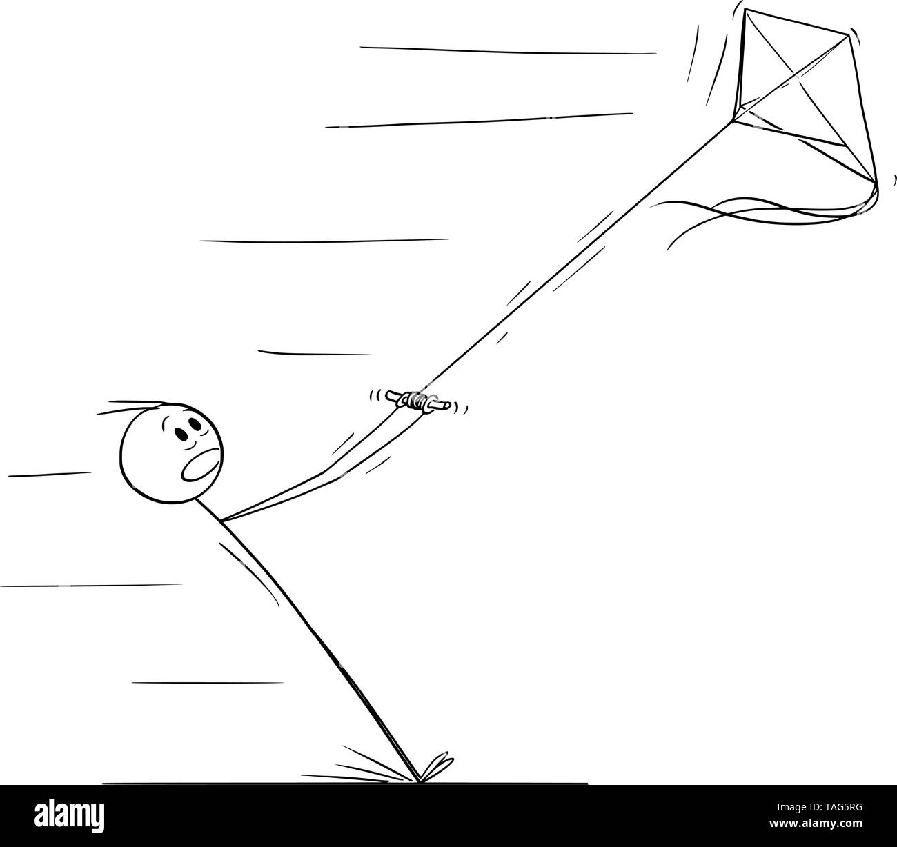 Vector cartoon stick figure drawing conceptual illustration of man flying kite and pulled away in strong wind. Stock Vector