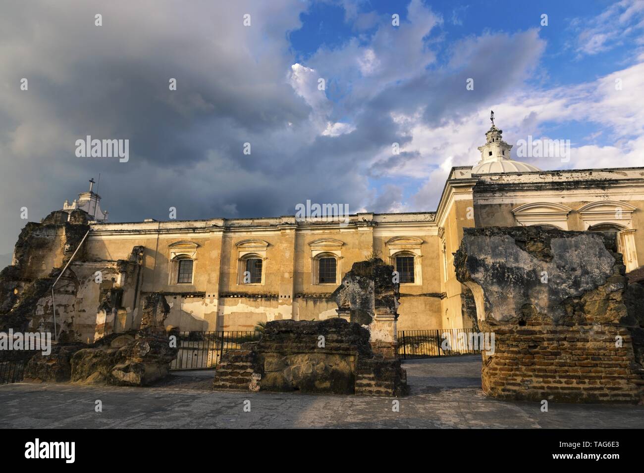 Santo Domingo Monastery Ruins, Spanish Colonial Architecture Damaged By Historic Earthquaqe in Old Town Antigua Guatemala, UNESCO World Heritage Site Stock Photo