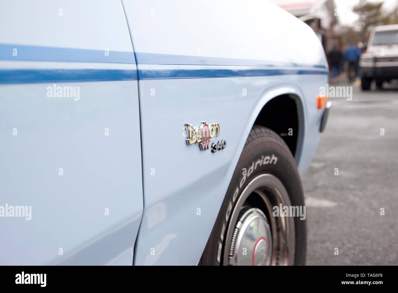 May 11, 2019- Eastern Passage, Nova Scotia: Close up of the icon on a 1972 blue dodge demon Stock Photo