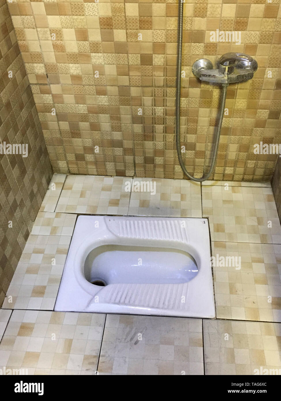 Asian Squat Toilet Shown in Tiled Restroom Stock Photo - Alamy