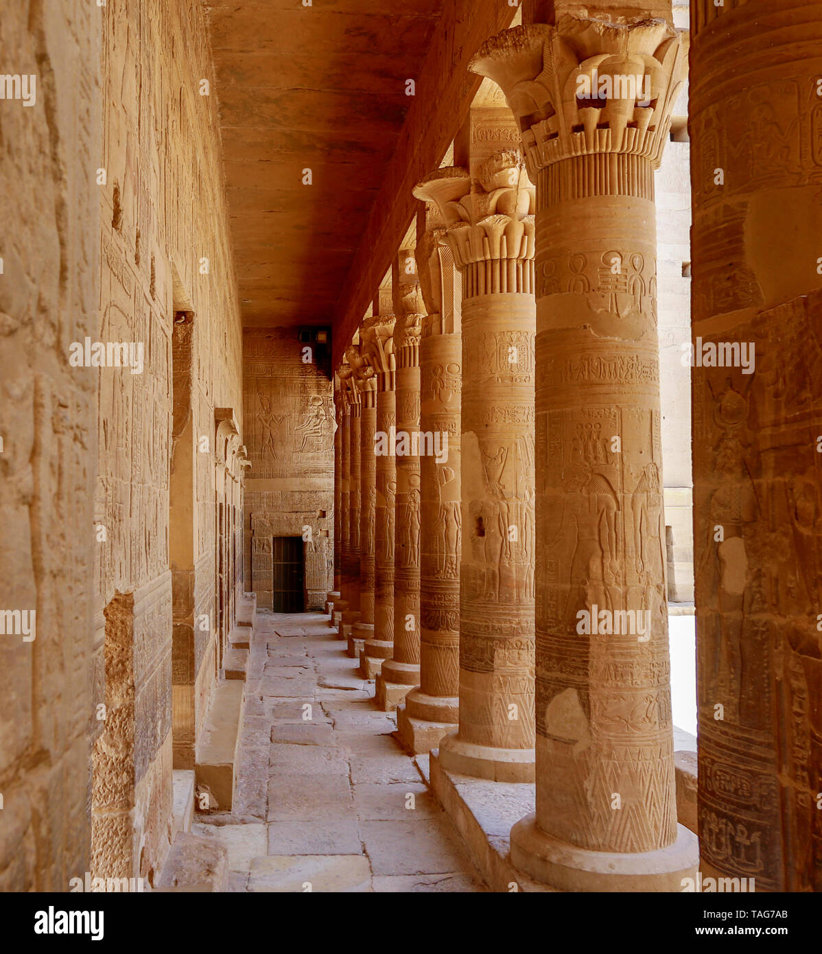 Stone Columns of Philae Temple with Hieroglyphs in Agilika Island, Egypt Stock Photo
