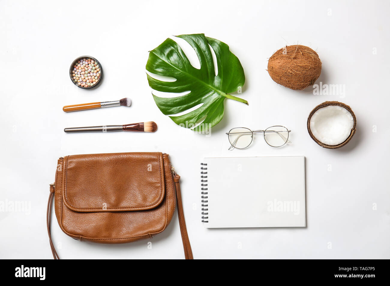 Composition with stylish female items on white background Stock Photo