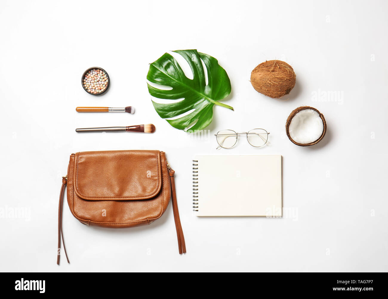 Composition with stylish female items on white background Stock Photo