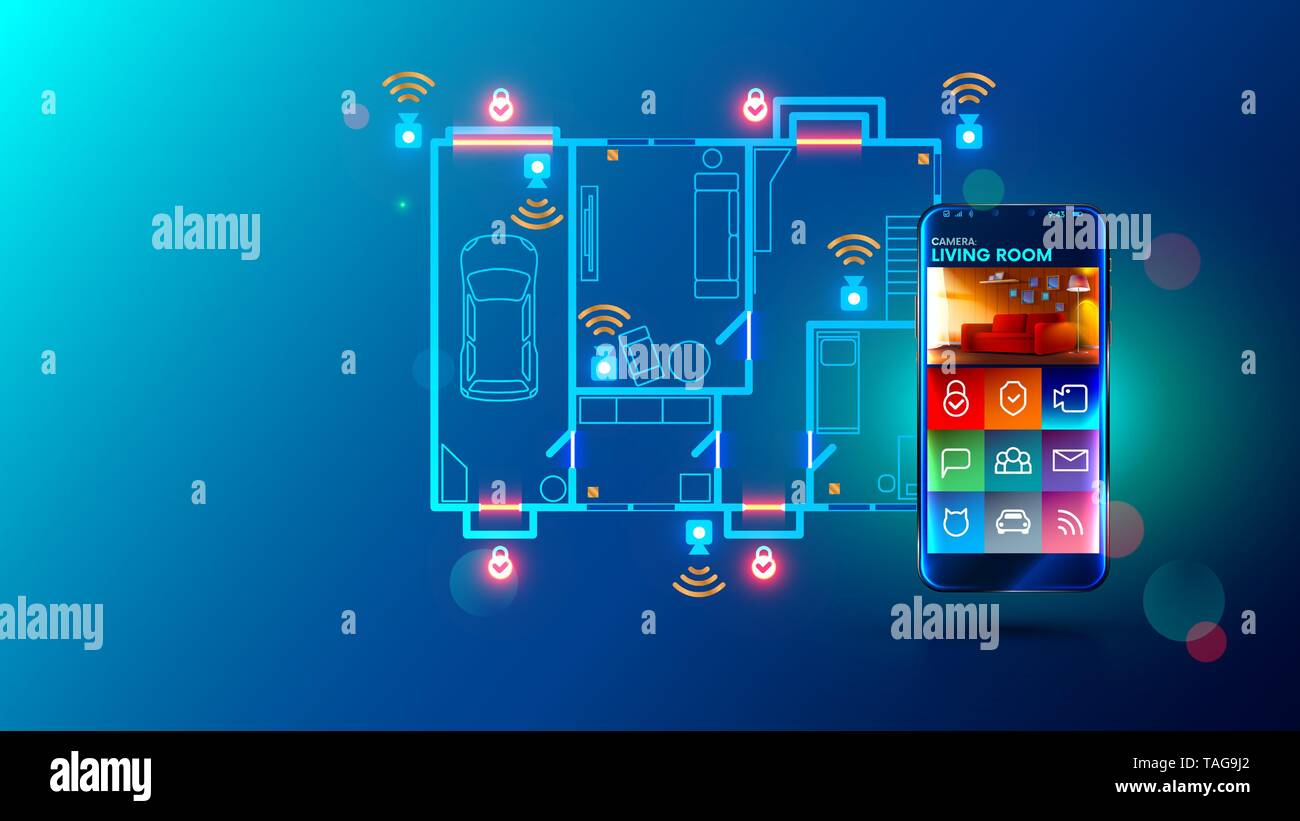 Safety system and video surveillance of smart home. cctv send video stream on smartphone via internet connection. Mobile device remotes security Stock Vector