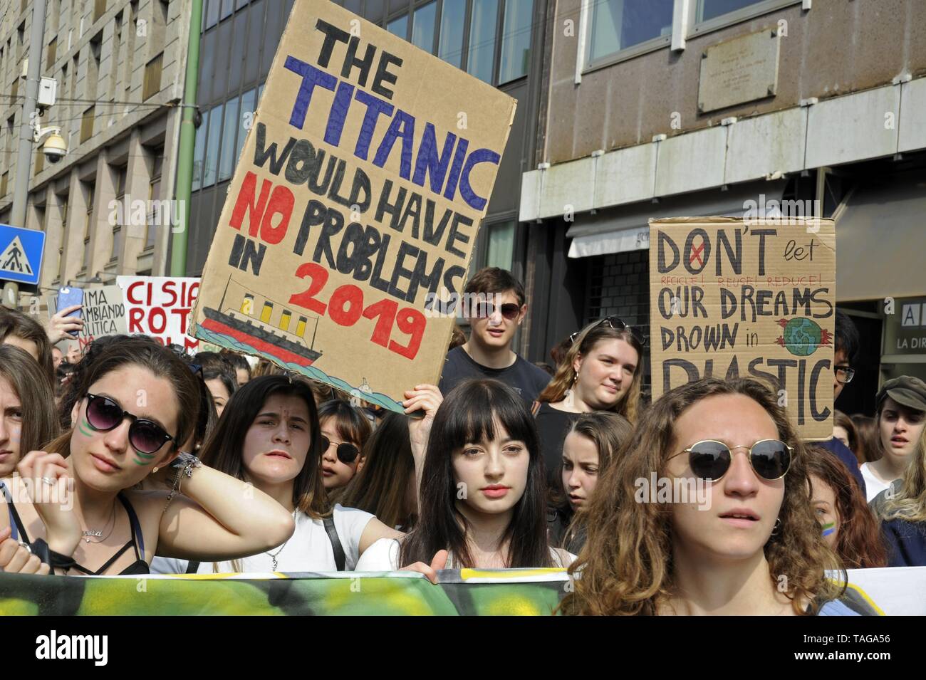 Milan (Italy), 24 May 2019, 'Global Strike for Future' youth and student demonstration, in protest against climate change and global warming Stock Photo