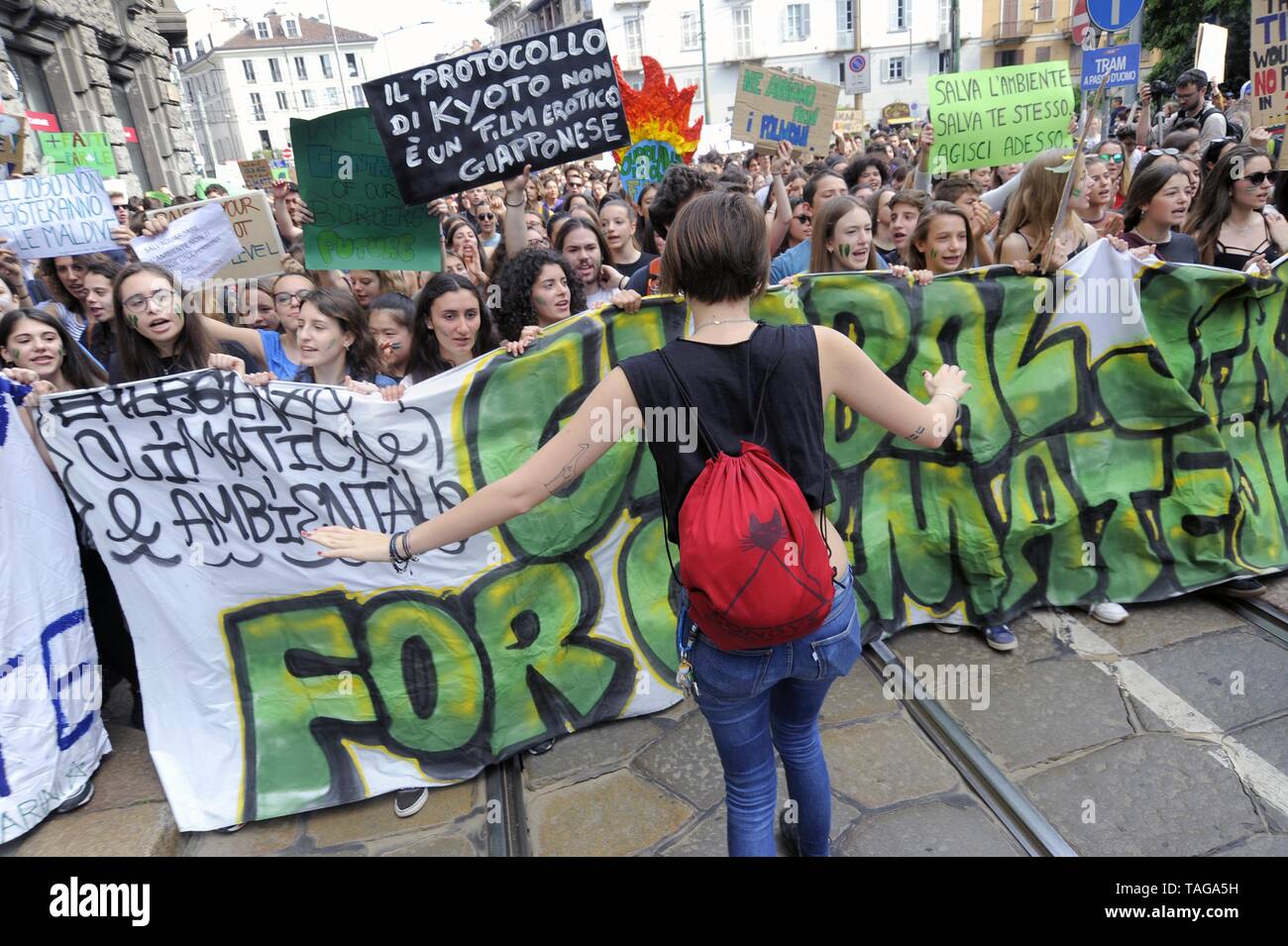 Milan (Italy), 24 May 2019, 'Global Strike for Future' youth and student demonstration, in protest against climate change and global warming Stock Photo