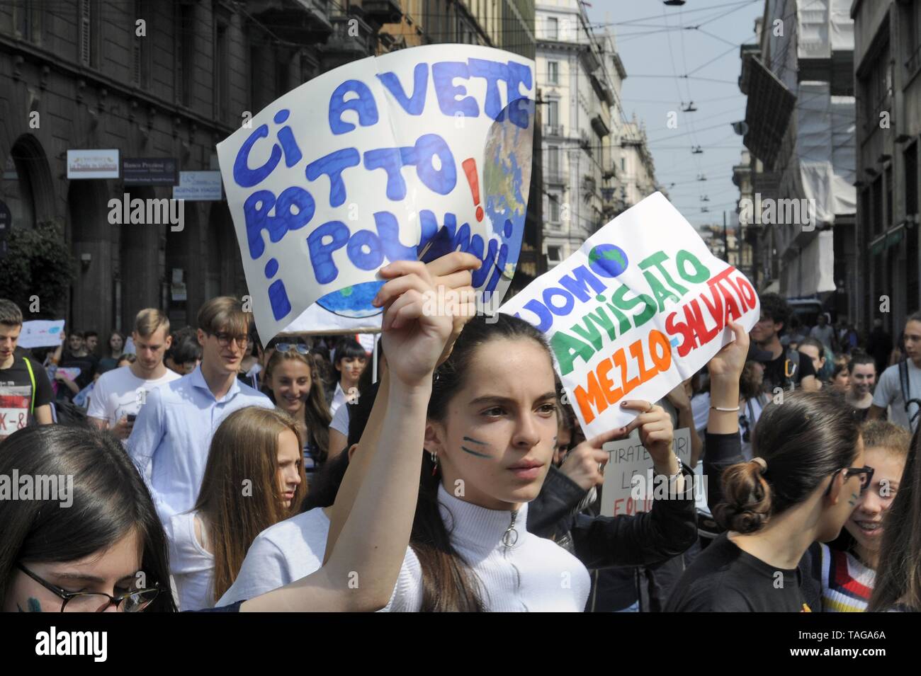 Milan (Italy), 24 May 2019, 'Global Strike for Future' youth and student demonstration, in protest against climate change and global warming Stock Photo