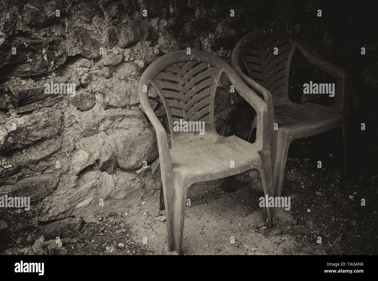 The old bench and chairs Stock Photo