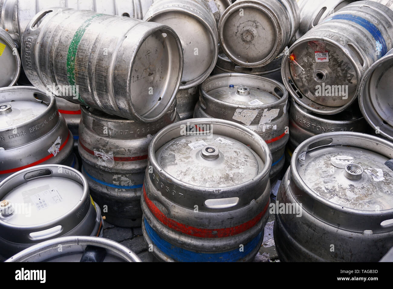 Pile of Empty Metal Beer Kegs ready for recycling Stock Photo Alamy